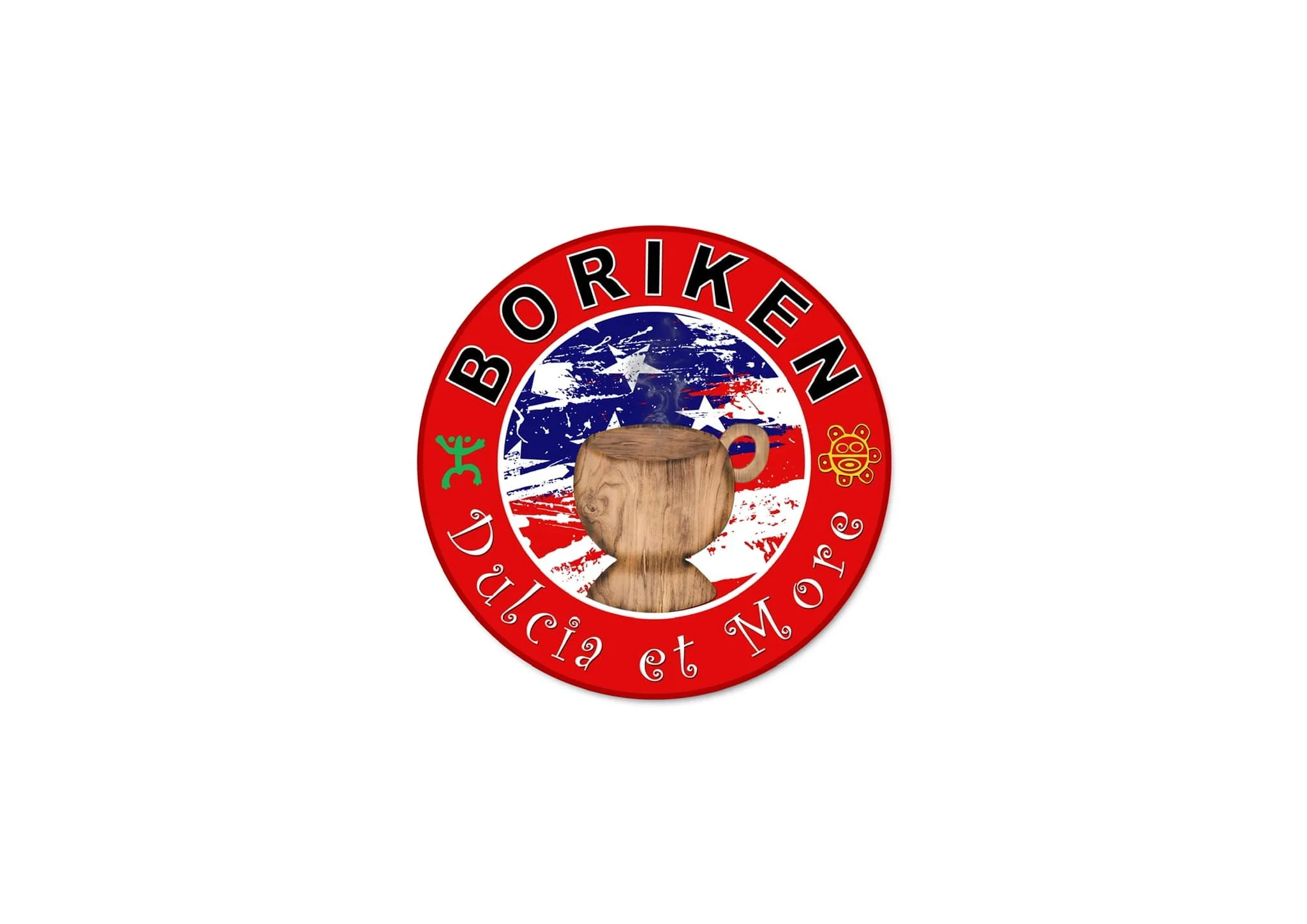 A circular logo with a red border. Inside, there is a background resembling the American flag, with a wood cup in the center. The border has the text 'BOIREN' at the top and 'Dulcia et Moere' at the bottom. There are also small decorative symbols on each side of the border.