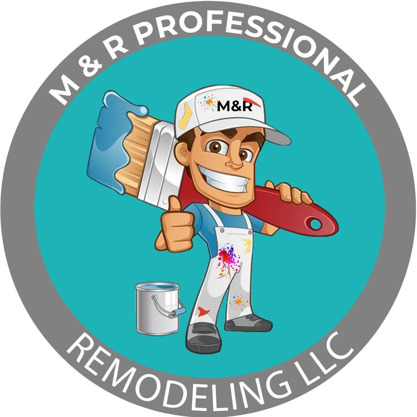 Cartoon logo of a smiling man in a white apron and cap holding a paintbrush and giving a thumbs-up, with a paint can on the ground, surrounded by a gray circle with white text that reads "M & R PROFESSIONAL REMODELING LLC."