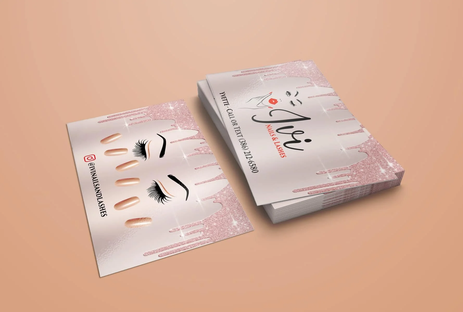 Business card and promotional sheet for EYI Nails & Lashes featuring stylized eye illustrations with eyelashes and eyebrows, pink and black color scheme, and contact information on the card.