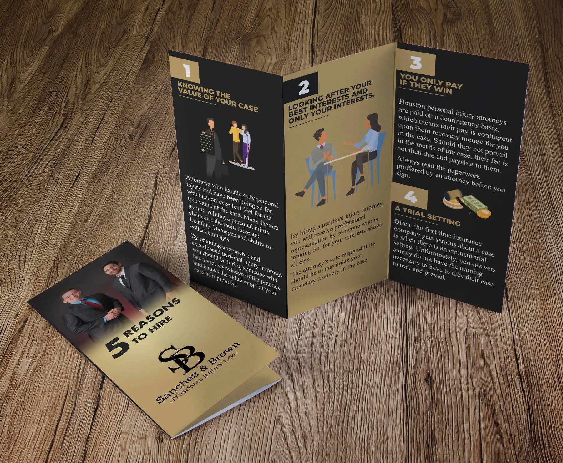 Brochure on five reasons to hire Sanchez & Brown Personal Injury Law with a professional photo of two men in suits on the cover, and an informational tri-fold pamphlet with illustrations and text about personal injury law and trial settings.