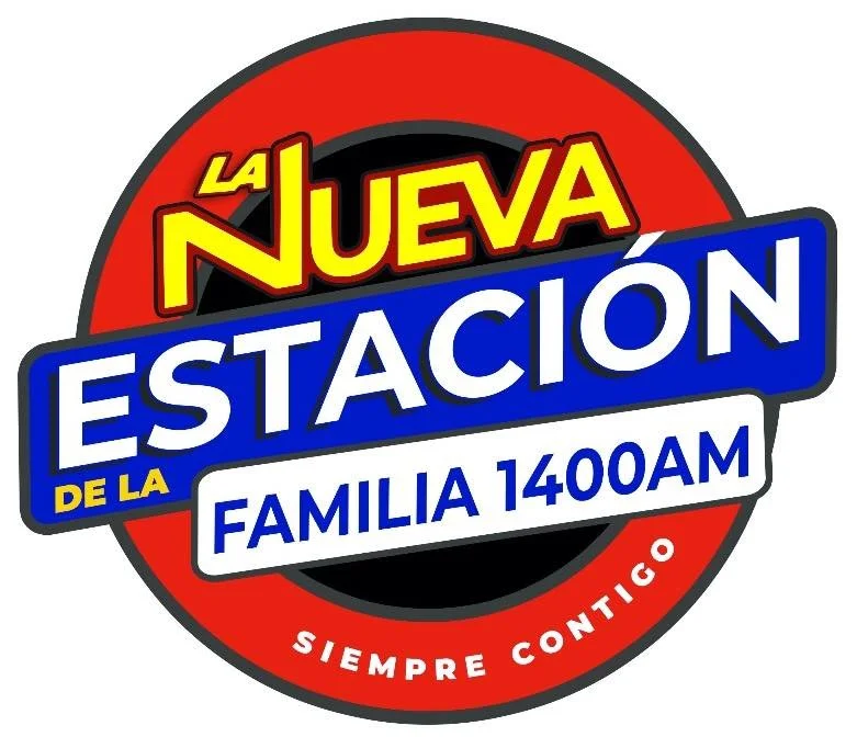Logo for La Nueva Estación de La Familia 1400AM with red, black, yellow, blue, and white colors, featuring bold text and a circular design.