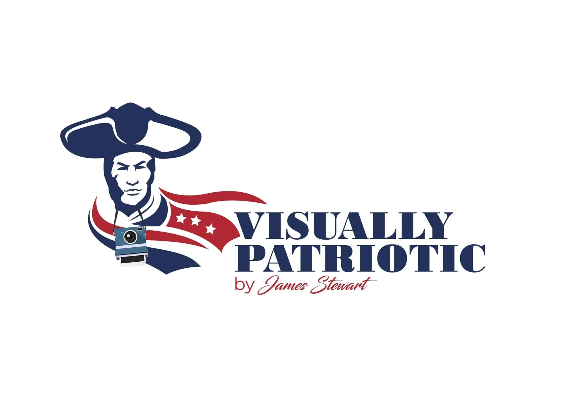 Logo featuring a stylized patriot with a bicorne hat and an American flag cape, with a camera hanging around the neck, and the text 'Visually Patriotic by James Stewart'.