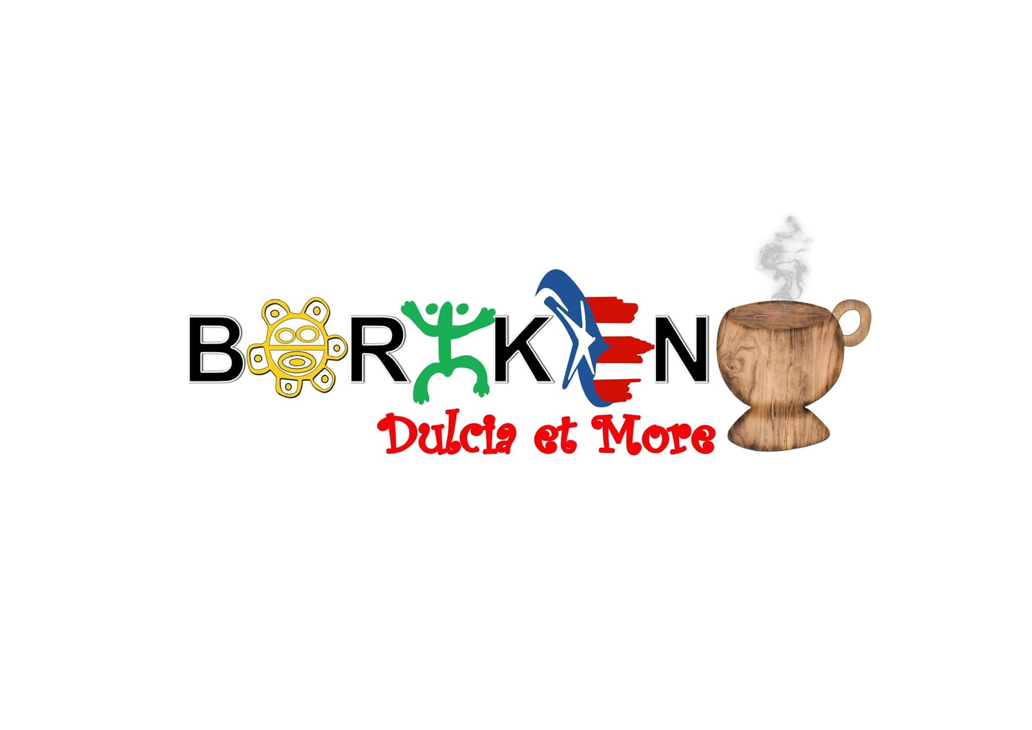 Graphic logo for Borken Dulce et More, featuring stylized images of a yellow tribal mask, a green frog, a blue and red shark, and a wooden steaming mug.