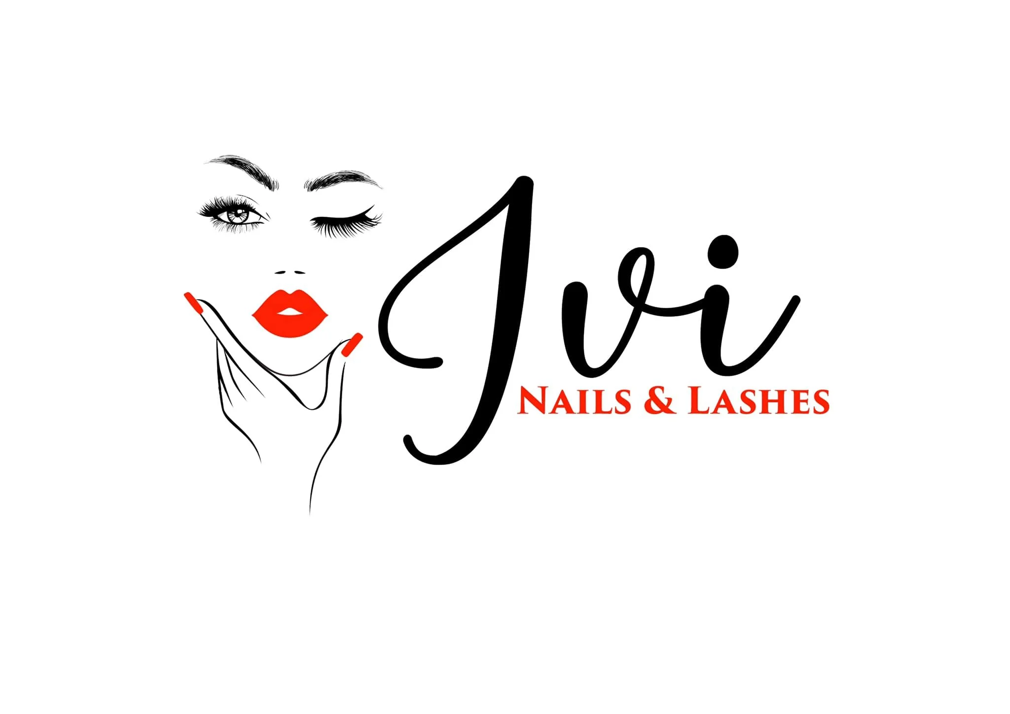 Logo for Jori Nails & Lashes with a stylized illustration of a woman's face, showing one eye open with makeup and long lashes, the other eye winking, red lips, and red nail polish on her fingers touching her chin, with the text 'Jori Nails & Lashes' in black and red.