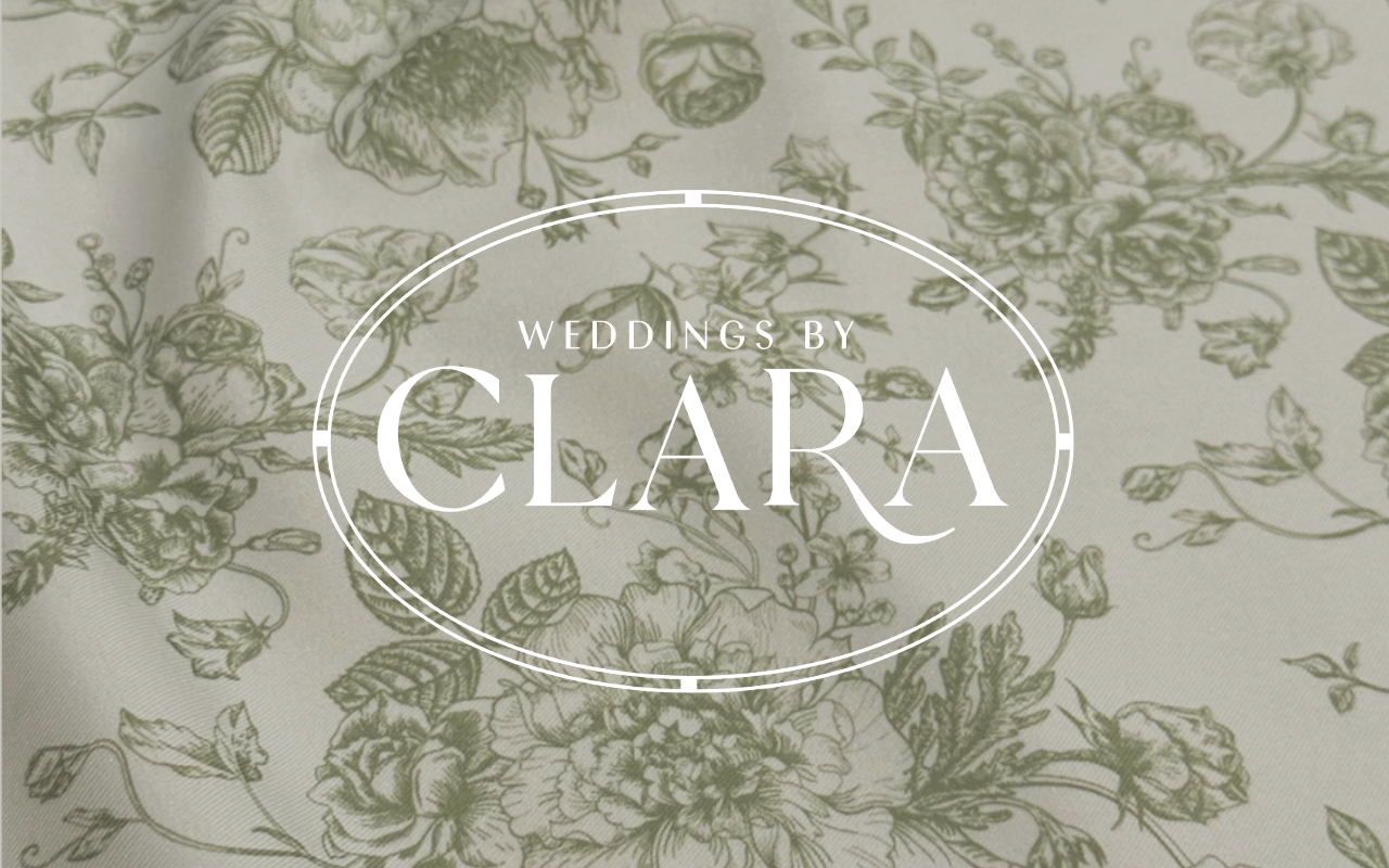 Text overlay reading 'Weddings by CLARA' on a fabric with a floral pattern.