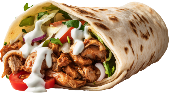 A wrap filled with grilled chicken, lettuce, diced tomatoes, chopped onions, and sour cream. Radlett Fish & Chips, Grill