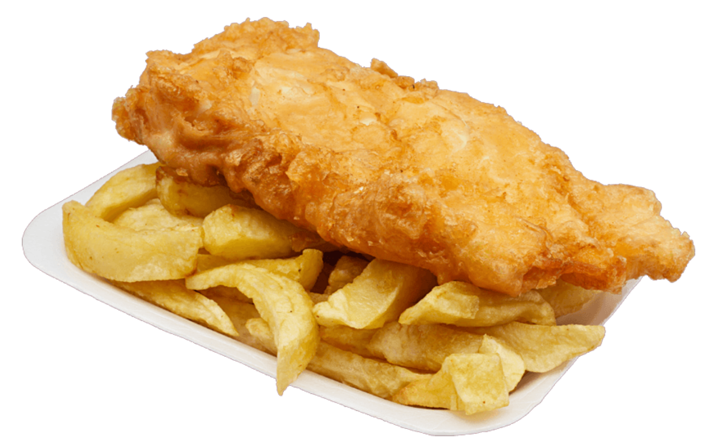 Fried fish fillet with French fries on a white tray Radlett Fish & Chips, Grill