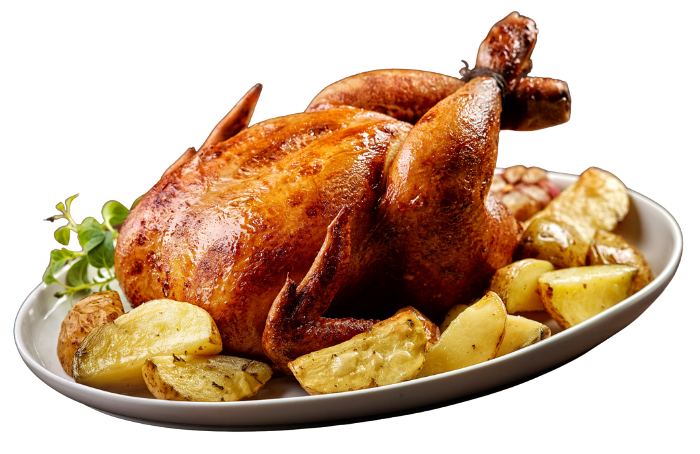 Roast chicken with roasted potatoes on a white platter. Radlett Fish & Chips, Grill