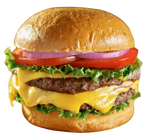 Close-up of a cheeseburger with lettuce, tomato, onion, hamburger patty, melted cheese, and a bun. Radlett Fish & Chips, Grill