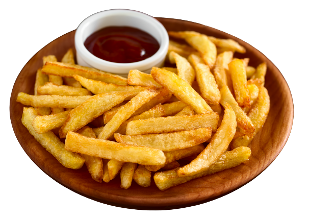 A wooden plate filled with golden French fries alongside a small white dish of ketchup. Radlett Fish & Chips, Grill
