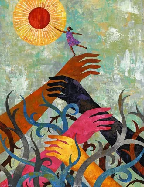 A colorful mural depicting large hands reaching out from vibrant, stylized plants, holding a small girl in a purple dress balancing on one hand near a bright red and yellow sun.