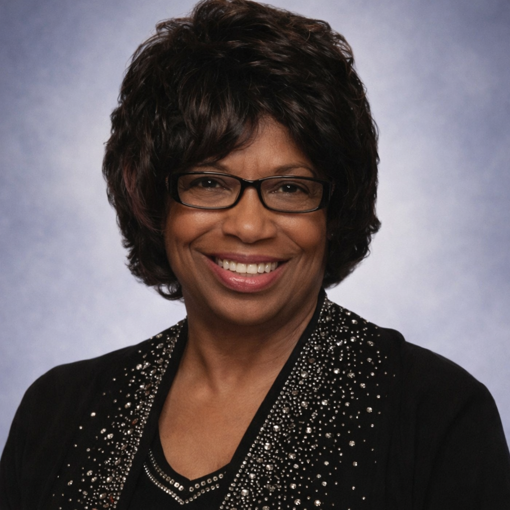 A woman with dark, curly hair wearing glasses and a black top with silver embellishments, smiling against a plain background.