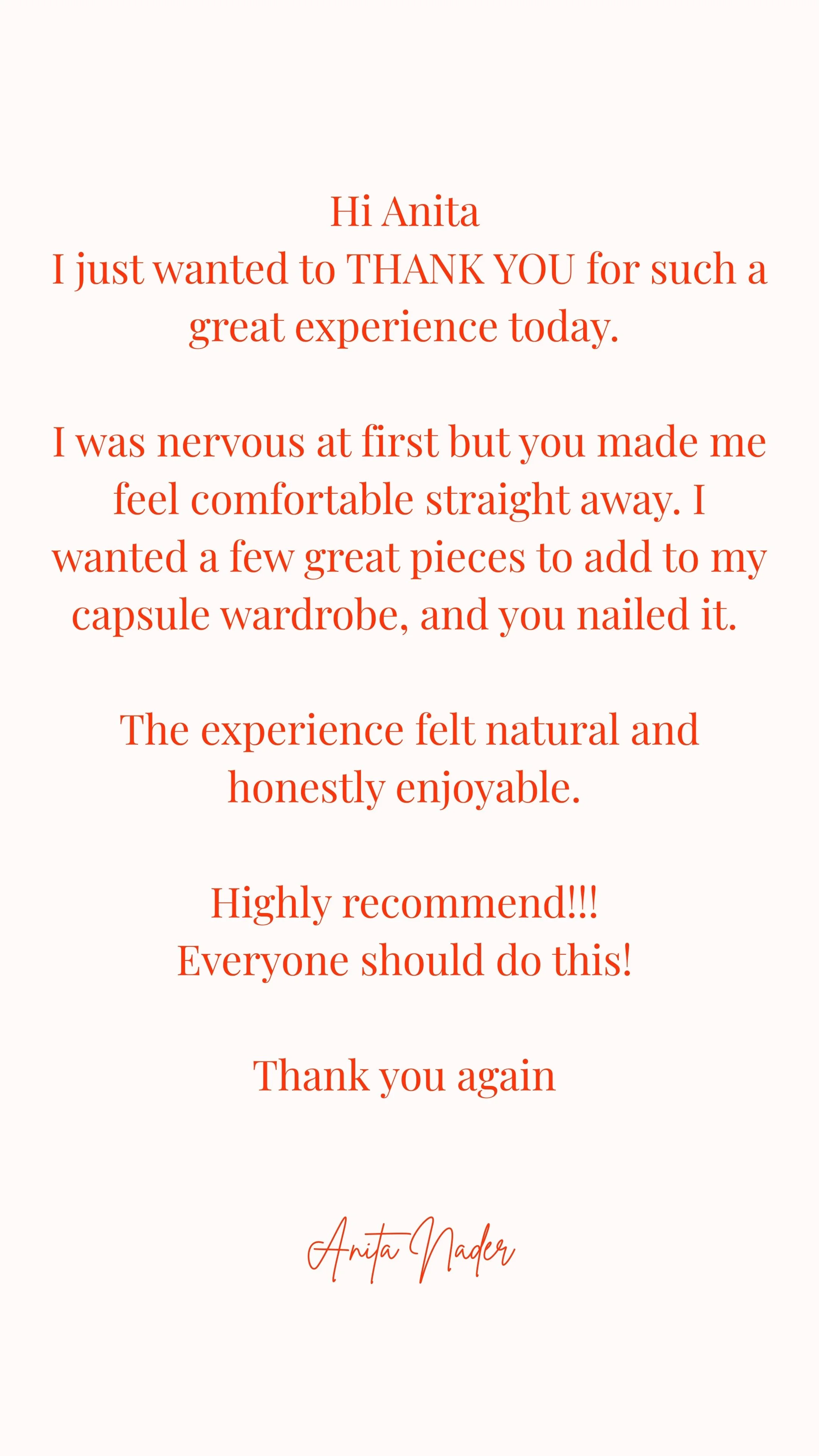 A thank you note on a white background expressing gratitude and positive experience, signed by Anita Nader.