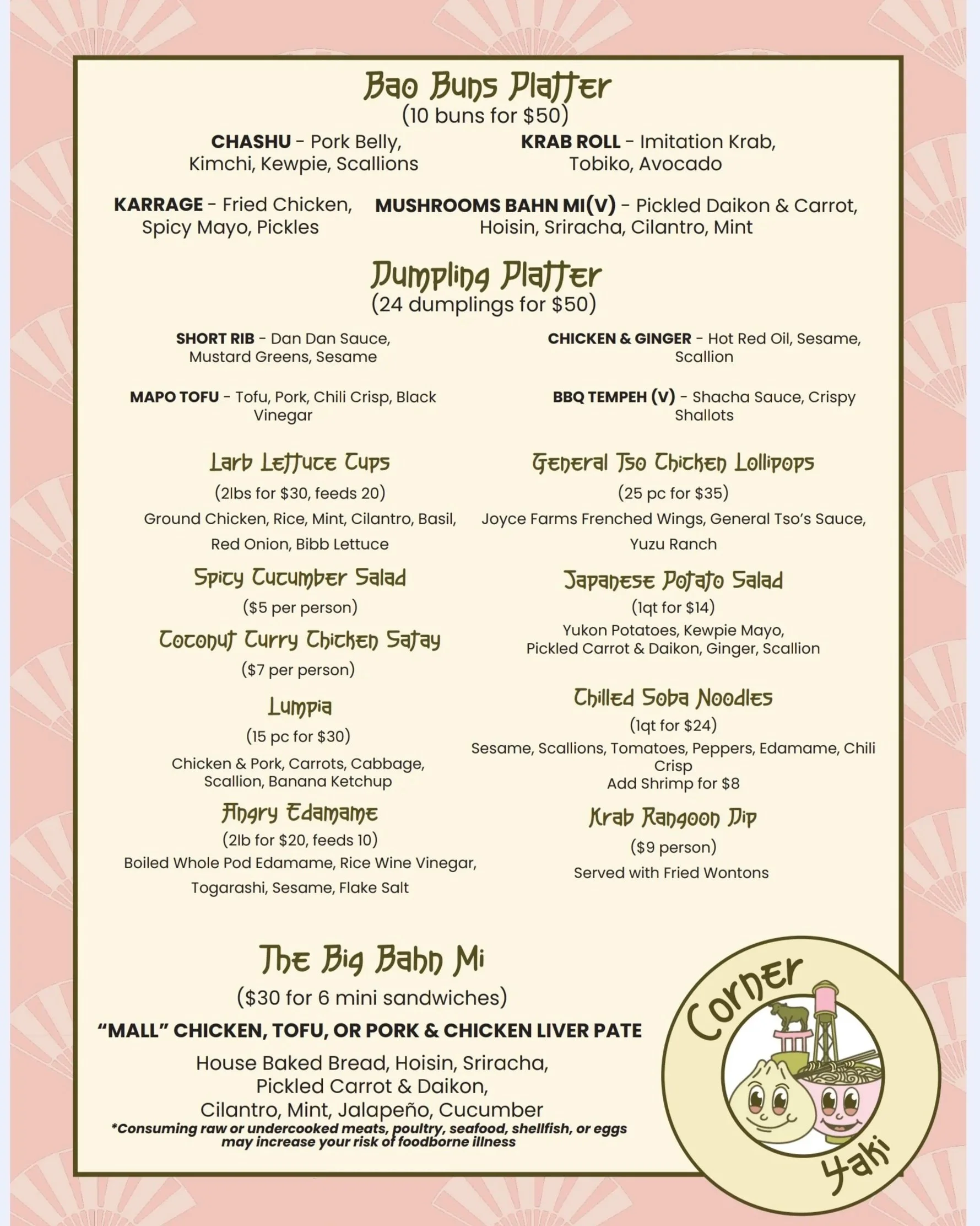 Menu with Asian-inspired dishes, including Bao Buns Platter, Dumpling Platter, Larb Lettuce Cups, and various salads and noodle dishes, with prices and descriptions.