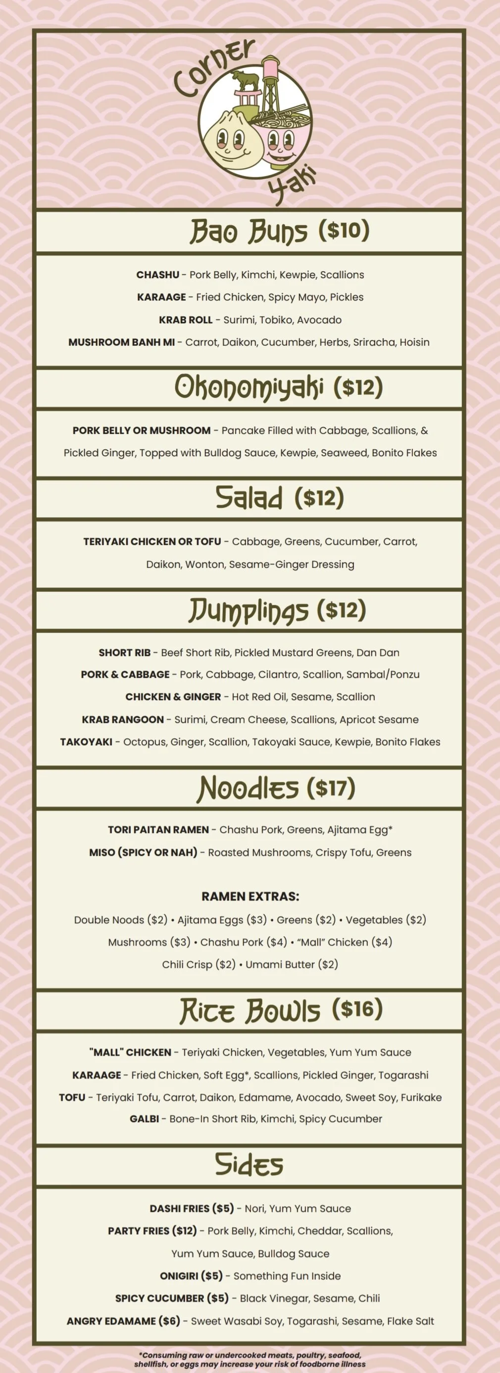 Menu of Asian-inspired dishes with sections for Bao Buns, Ohonomiyaki, Salad, Dumplings, Noodles, Rice Bowls, and Sides, featuring illustrations of smiling faces and traditional Asian scenery.