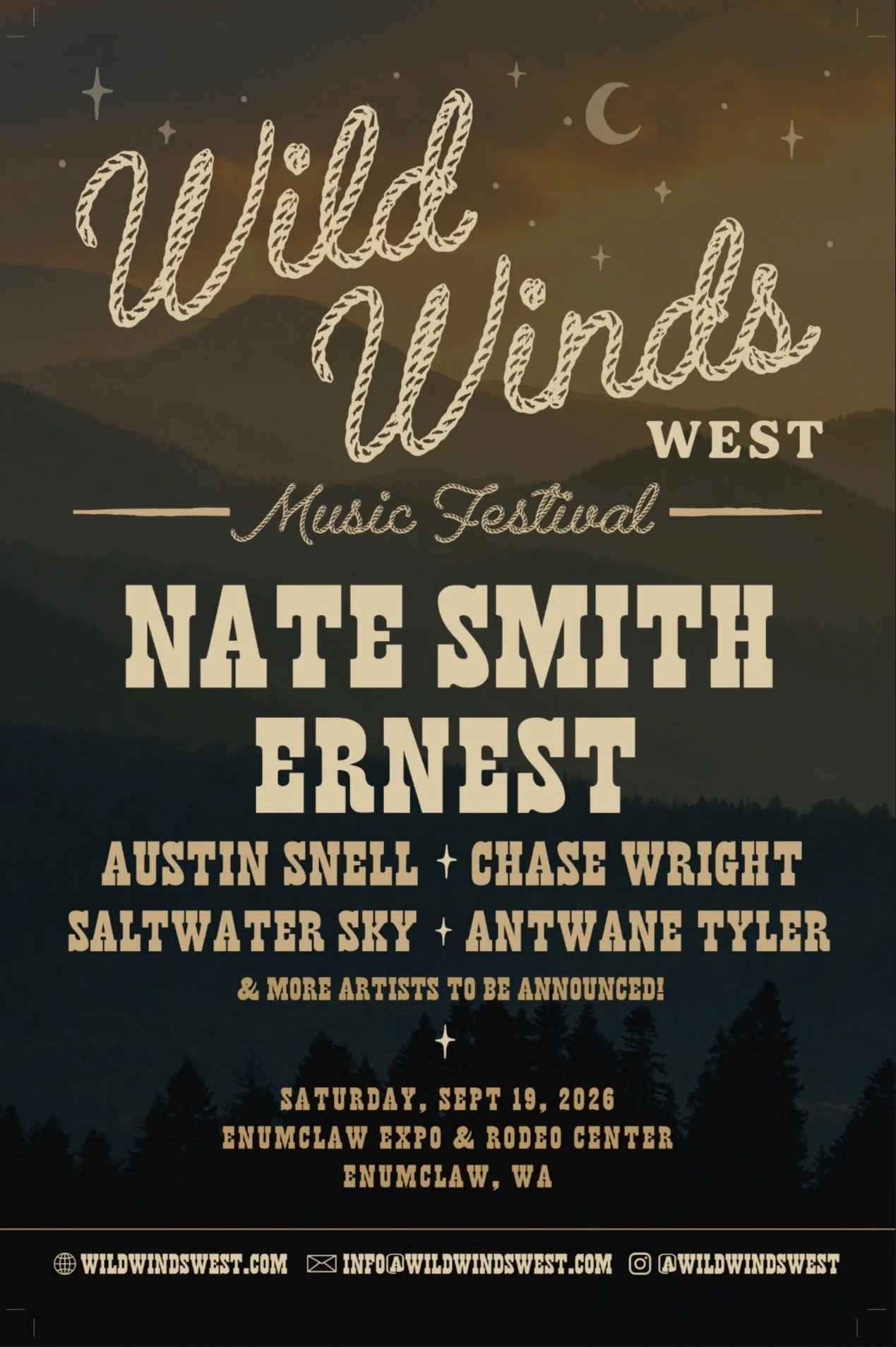 Poster for Wild Winds West Music Festival in Enumclaw, Washington, on September 19, 2026, featuring performances by Nate Smith, Ernest, Austin Snell, Chase Wright, Saltwater Sky, and Antwane Tyler, with a mountain landscape background and night sky with stars and a crescent moon.