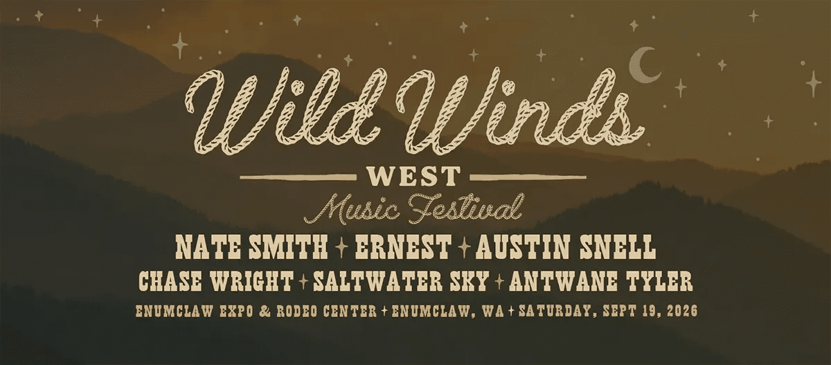 Official 2026 Wild Winds West music festival lineup poster featuring Nate Smith, ERNEST, Austin Snell, Chase Wright, Saltwater Sky, and Antwane Tyler.