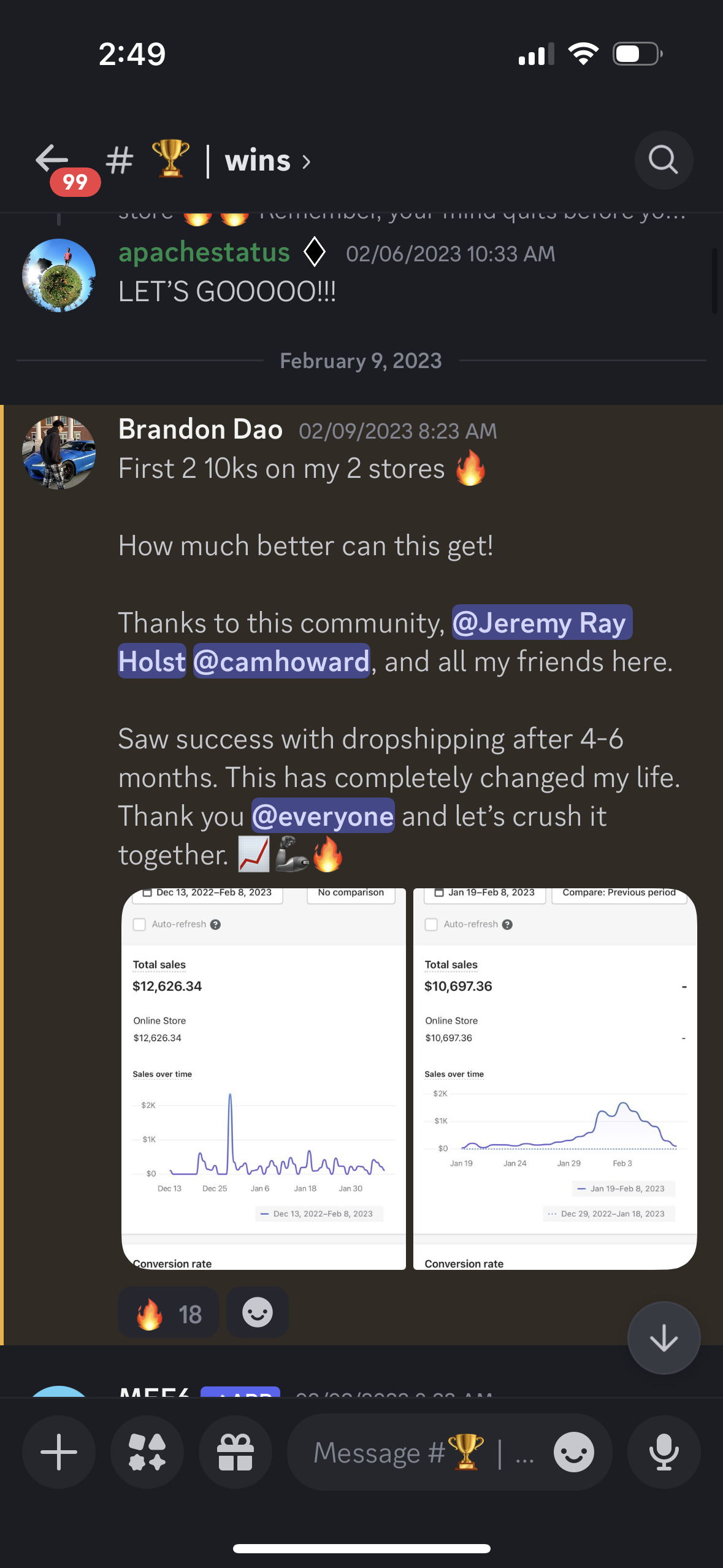 A screenshot of a messaging app showing a conversation about a successful shopify dropshipping business with sales charts and mentions of community members.