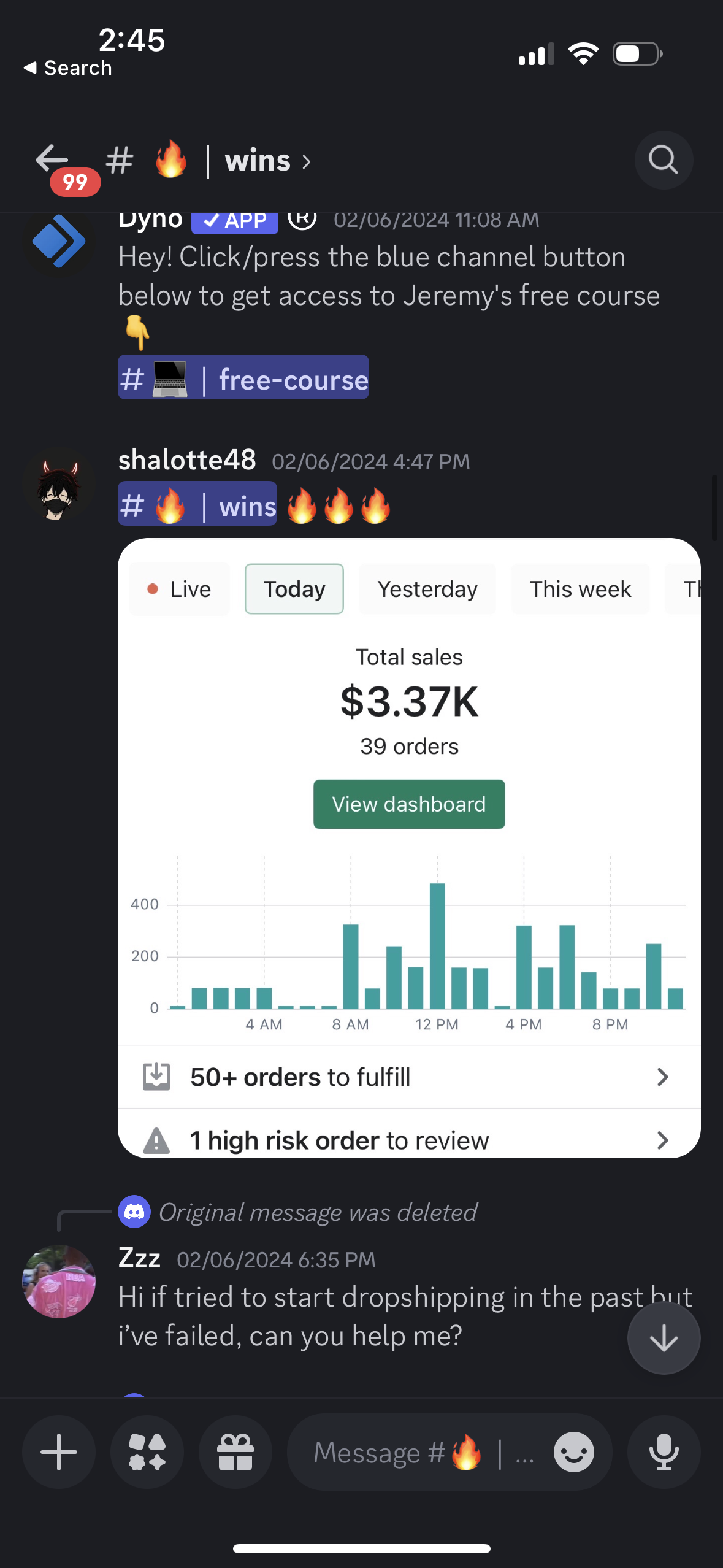 A screenshot of a Discord chat showing messages about sales, including a message with a sales dashboard displaying total sales of $3,370 with 39 orders for the day, and a partly visible message asking for help with dropshipping.
