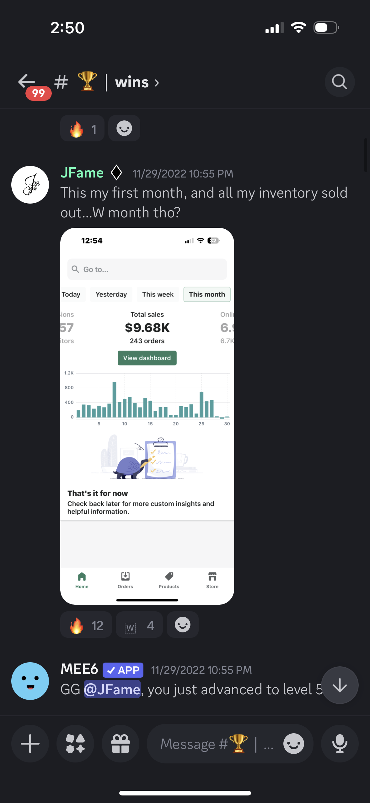 Screenshot of a shopify dashboard displaying dropshipping sales analytics for the month, showing total sales of $9,680 with 243 orders, and a graph of daily sales.