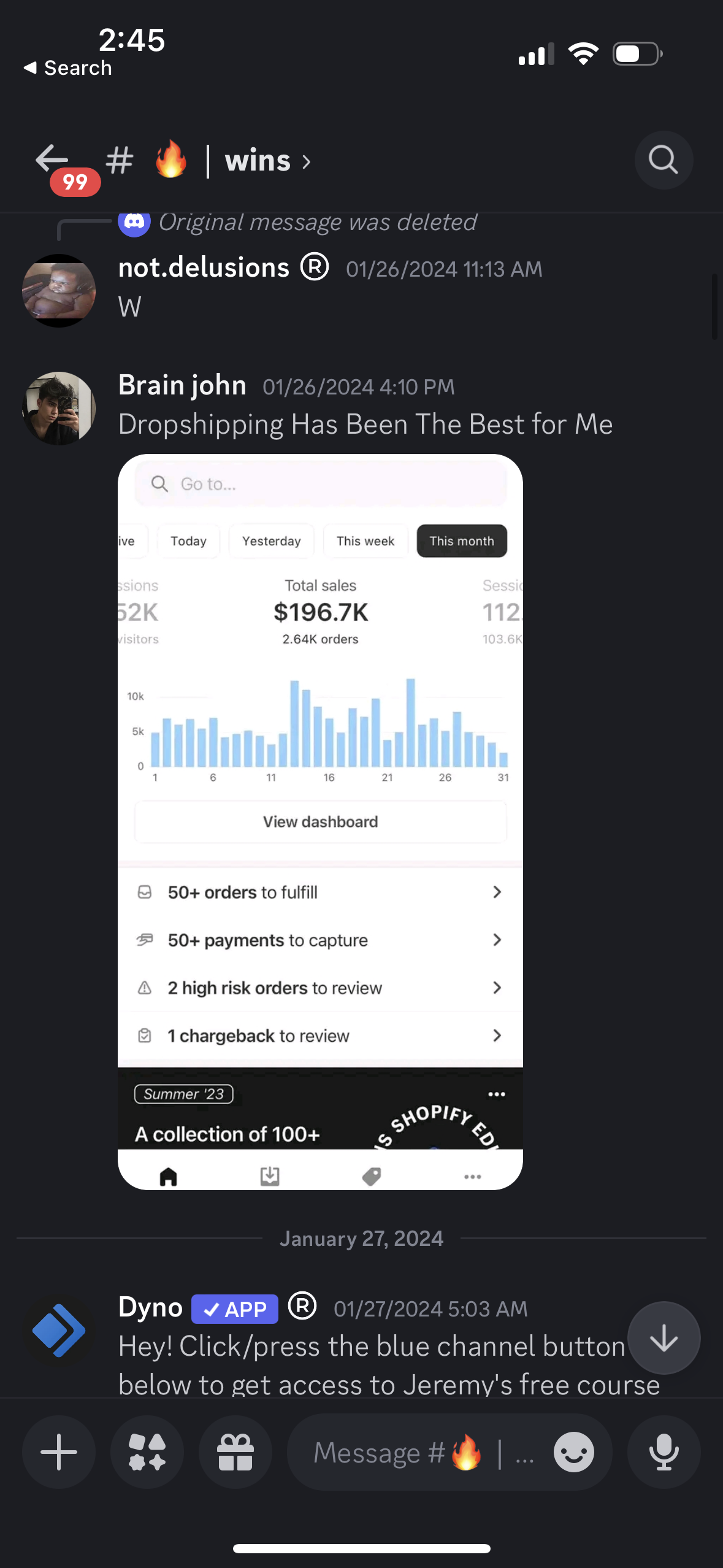 Screenshot of a mobile app showing a sales dashboard with total sales of $196.7K, 2.64K orders, and a graph of daily sales in January 2024. The app has navigation options at the bottom and a notification indicator at the top.
