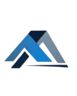 Abstract blue and navy geometric mountain-shaped logo with a gray triangular accent