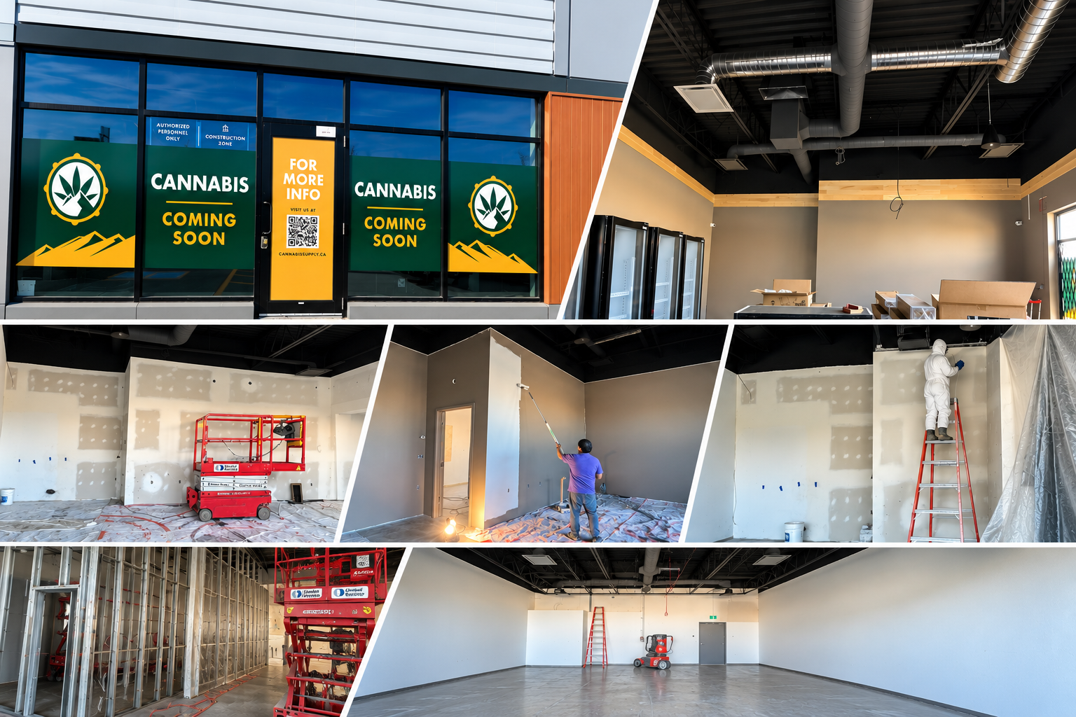 Collage showing a cannabis dispensary storefront marked “Cannabis Coming Soon” and interior construction progress with painters, scaffolding, ladders, and unfinished retail spaces.