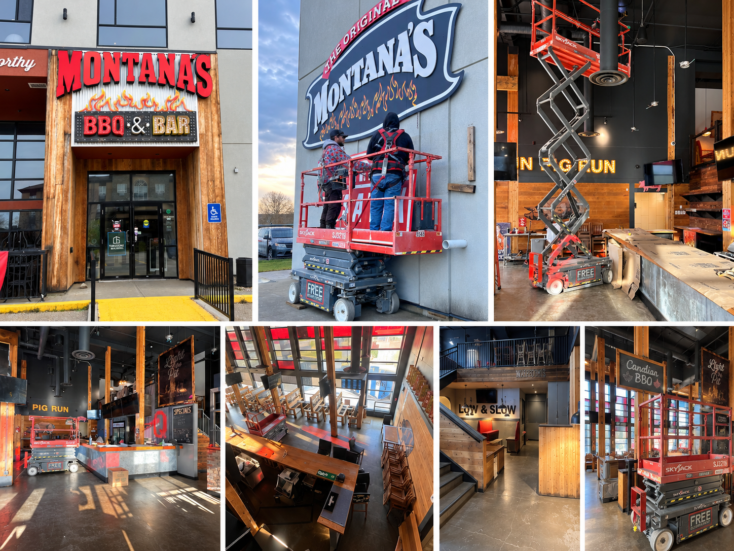 Montana’s BBQ & Bar exterior, installation, and interior restaurant collage