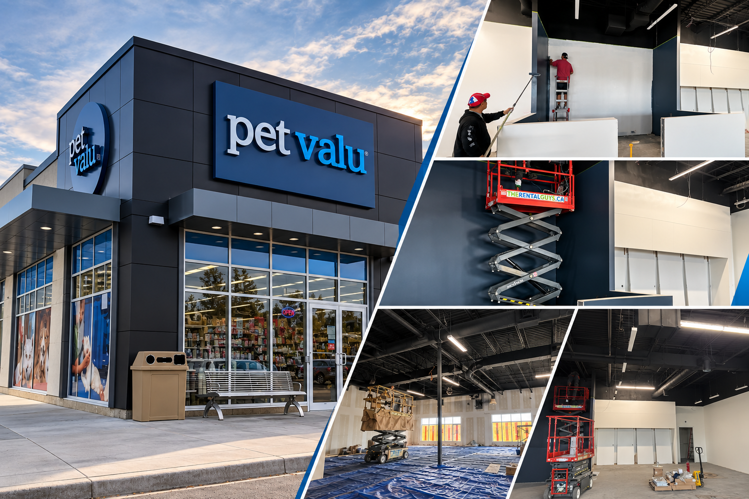 Pet Valu store exterior with interior renovation photos showing workers, scissor lifts, and remodeling in progress