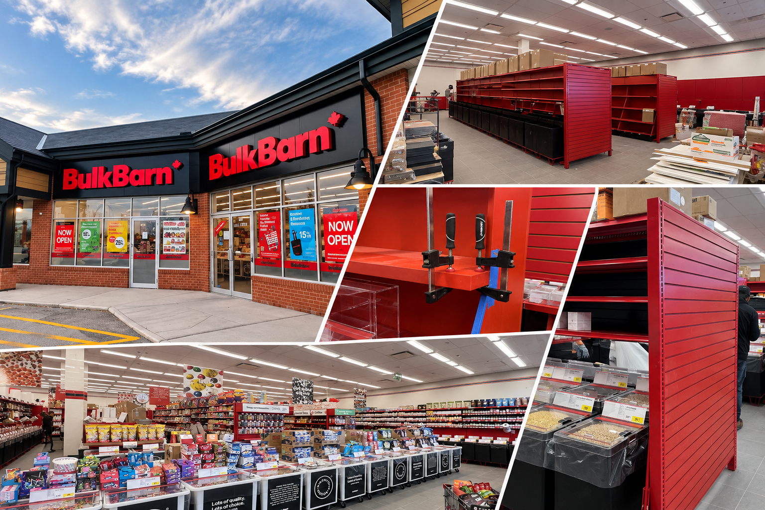BulkBarn store collage showing the exterior storefront, red shelving, bulk food bins, and candy-filled interior aisles