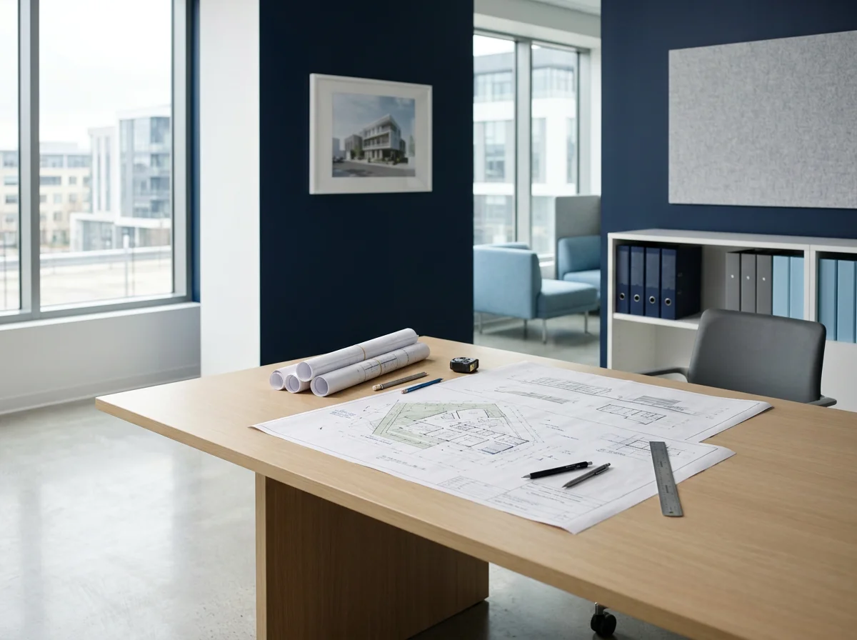 Architect's office with building blueprints, rolled plans, drafting tools, and office binders on a desk