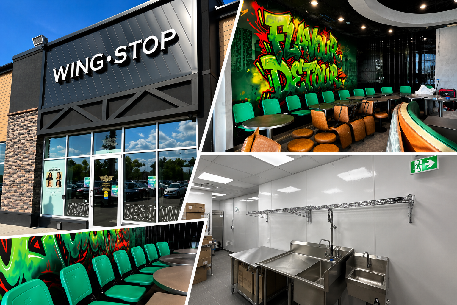 Wing Stop restaurant exterior and interior collage featuring graffiti mural seating area and stainless steel commercial kitchen