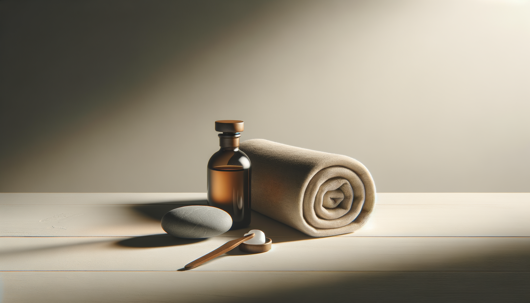 Spa or relaxation items on a wooden surface including a rolled beige towel, a dark brown glass bottle, a smooth grey stone, a small wooden spoon with a white massage ball, and a small wooden dish with cream.