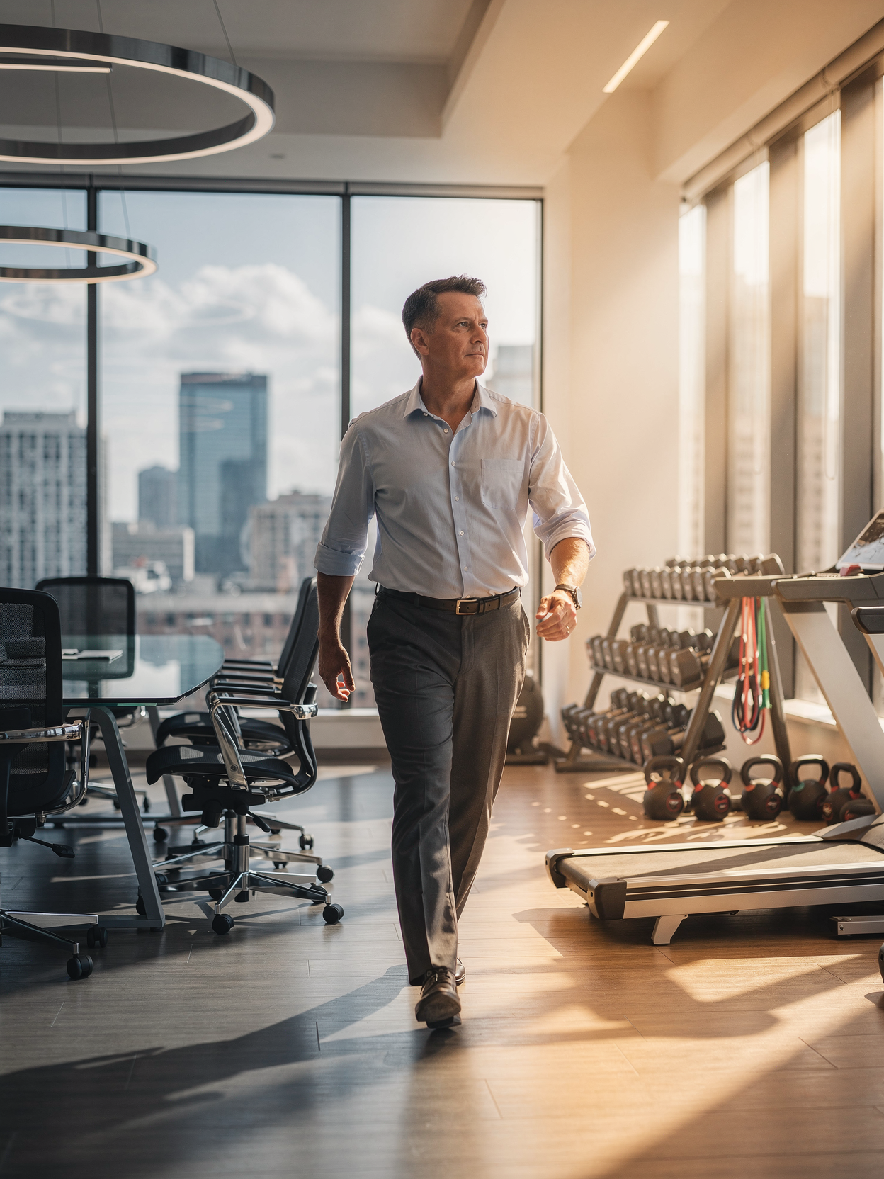 A man in business attire walking inside a modern gym with large windows, sunlight, a conference table, chairs, and fitness equipment including kettlebells and a treadmill.