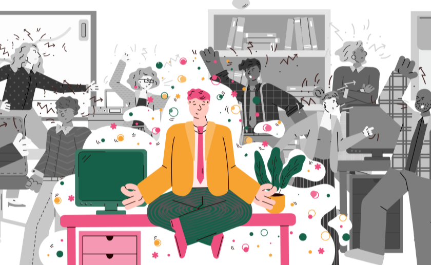 A peaceful person meditating amidst chaos where colleagues fight and argue in an office setting.