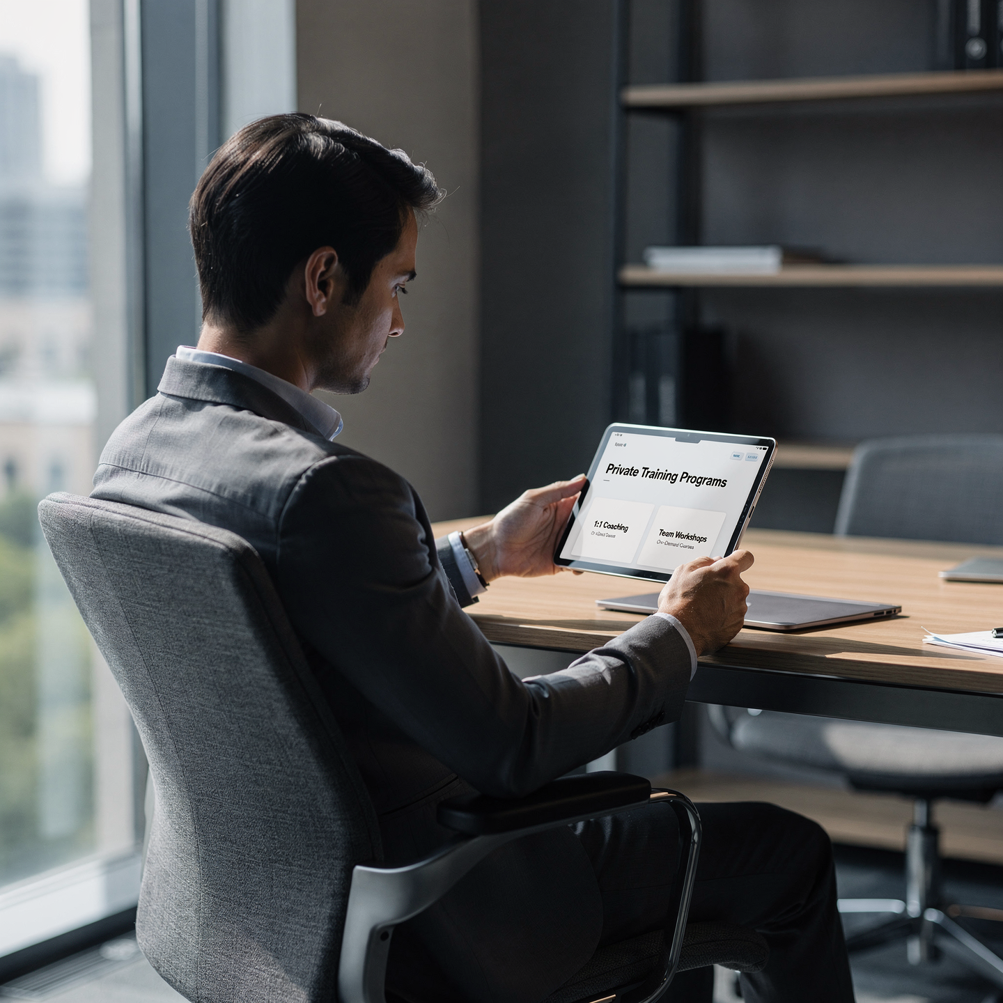 Man sitting at a desk looking at a tablet with a screen displaying 'Private Training Programs' in an office setting.