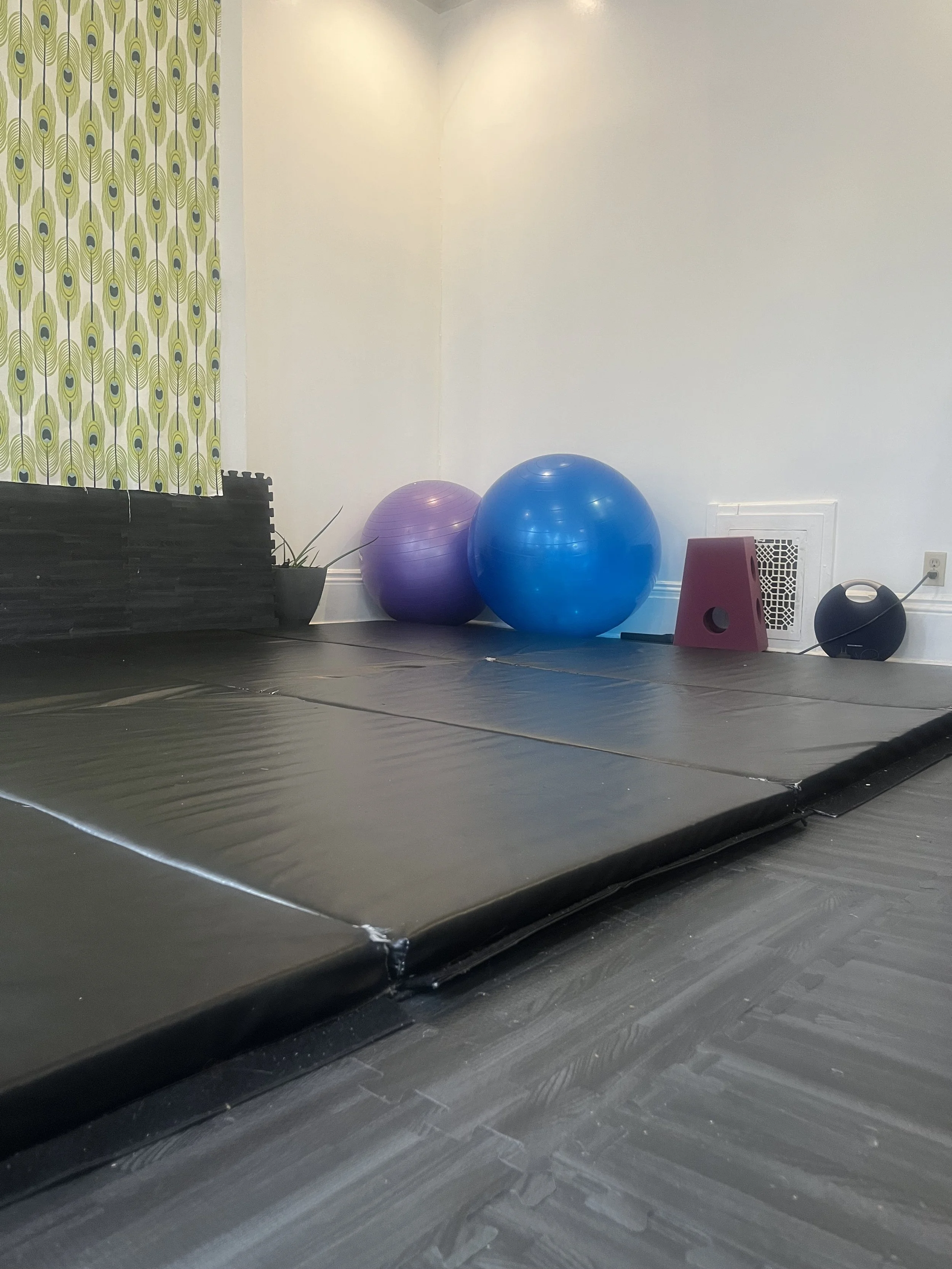 Fitness room corner with exercise balls, a small step platform, a kettlebell, black mats, and a plant.