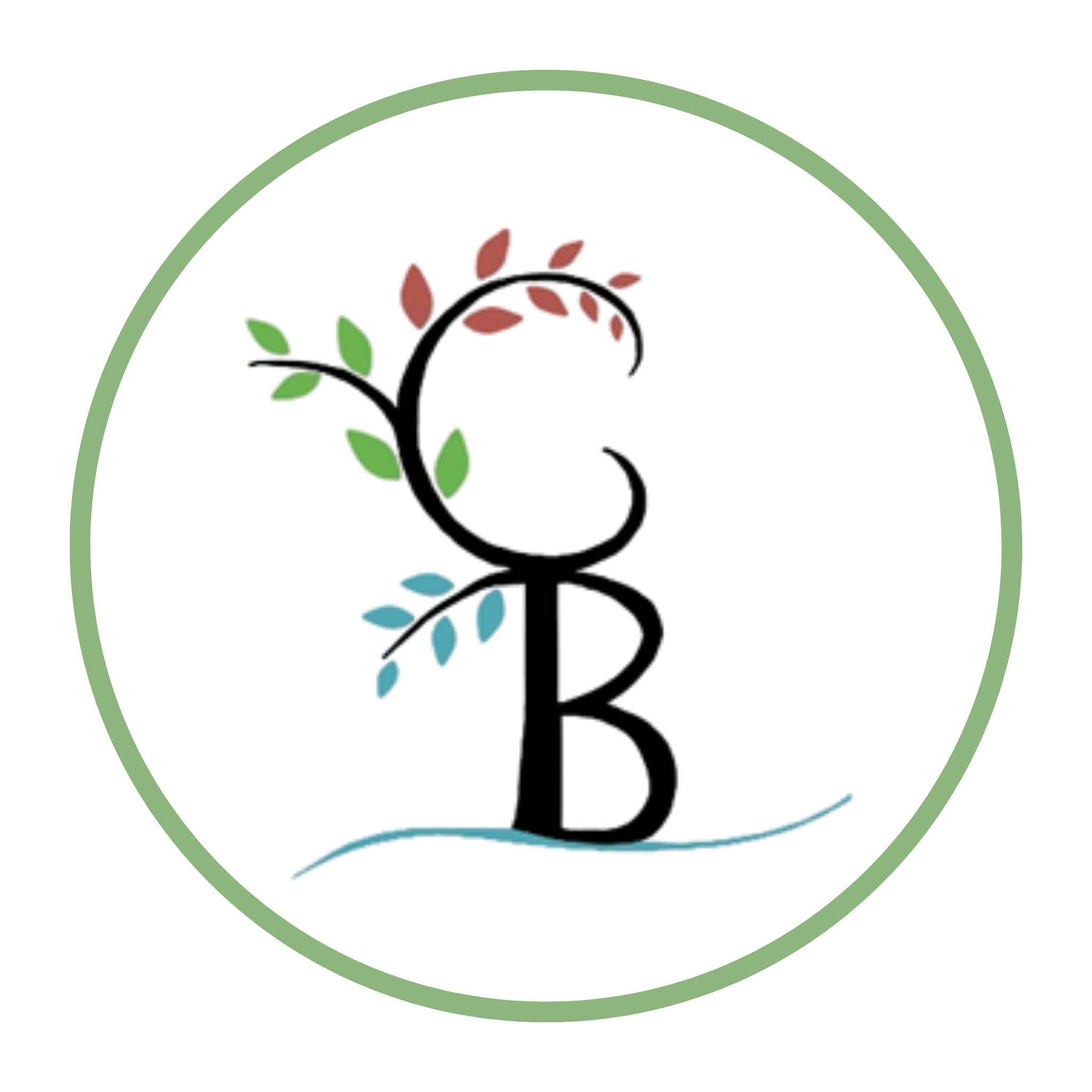 Logo with a black letter C, a red rectangle, a black letter B, a branch with green and pink leaves, and a circular background with gradient colors.