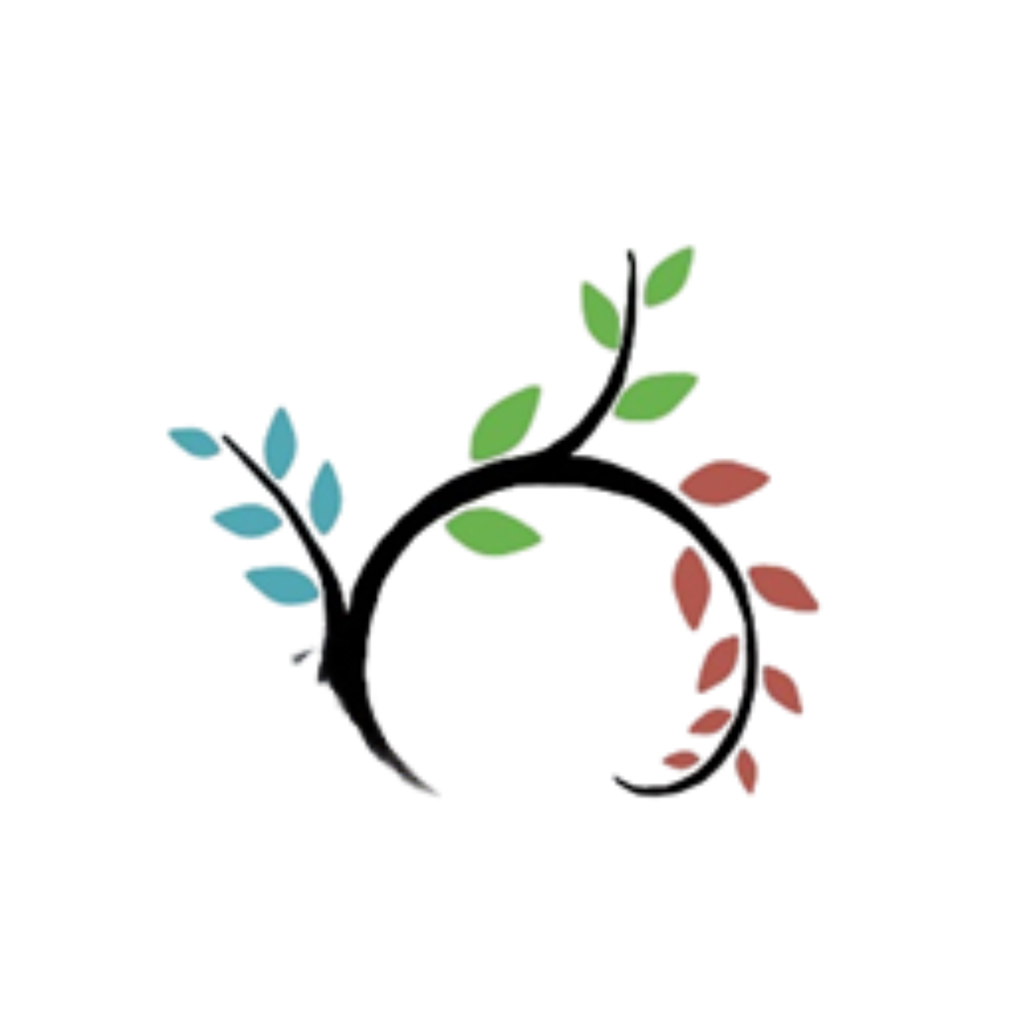 A stylized coffee cup formed by a black circular shape with colorful leaves, green on top, blue on the left, and red on the right, resembling a plant.