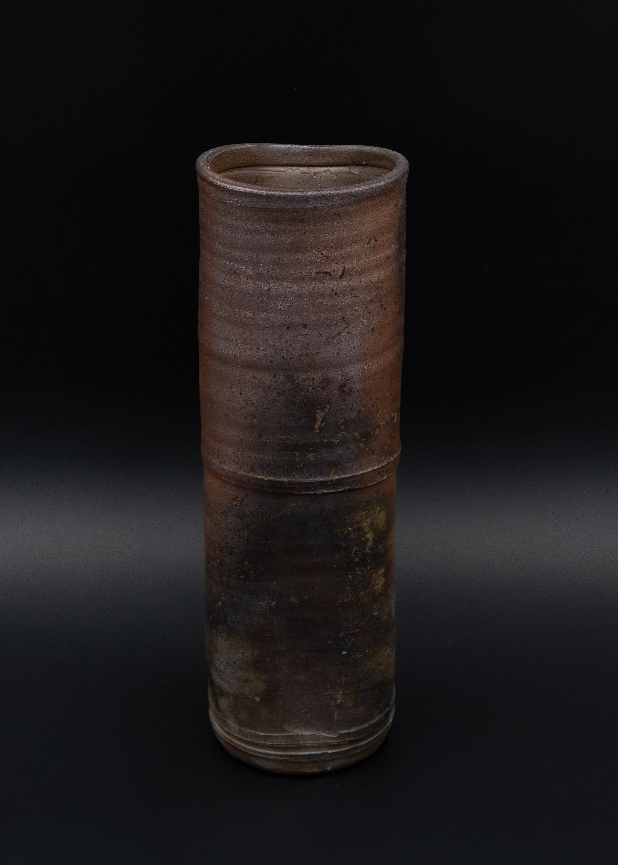 Museum-grade vintage Bizen ware Tsutsu (cylindrical) vase with dramatic natural ash glaze (Goma) and charcoal reduction marks (Sangiri).