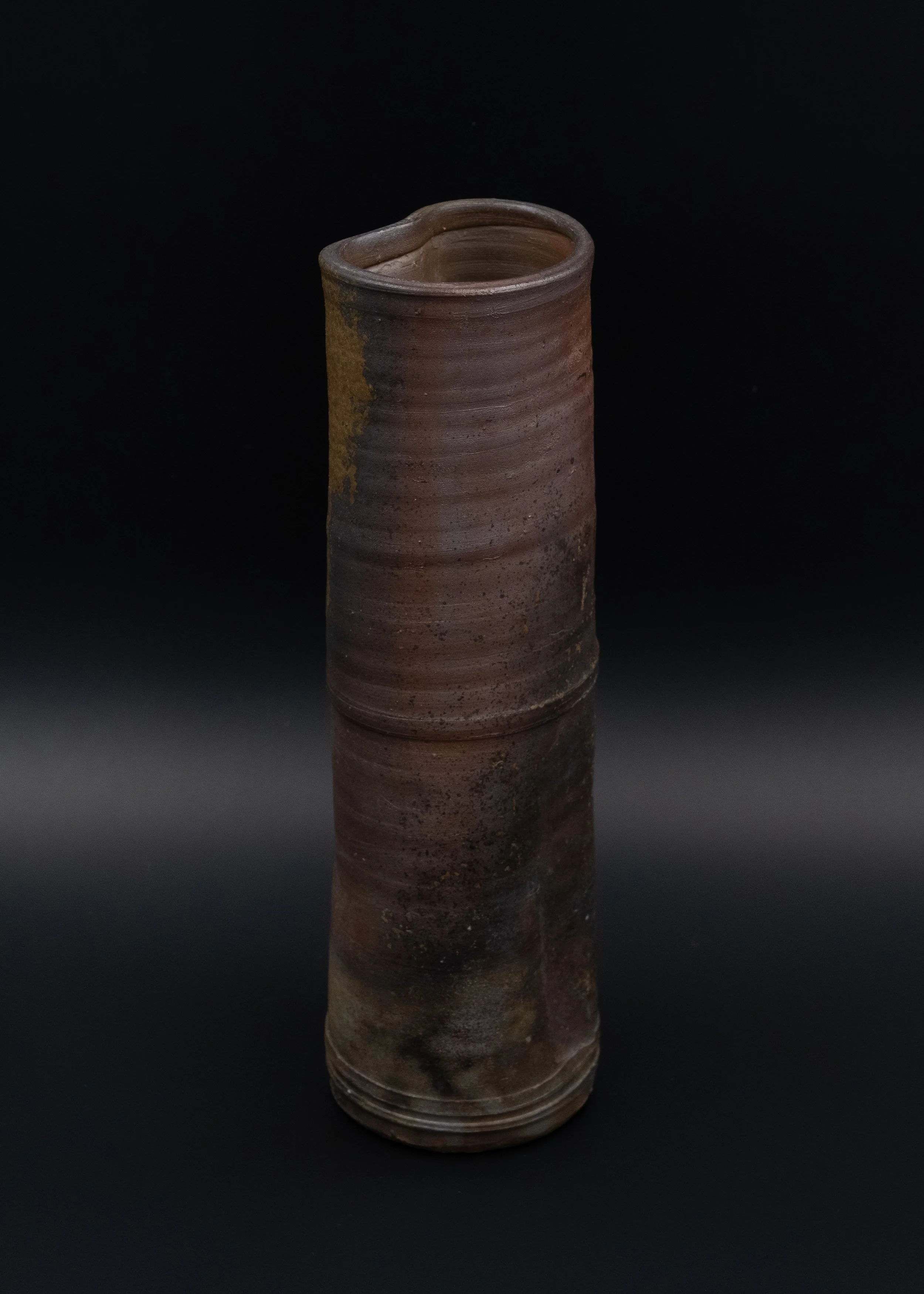 Museum-grade vintage Bizen ware Tsutsu (cylindrical) vase with dramatic natural ash glaze (Goma) and charcoal reduction marks (Sangiri).