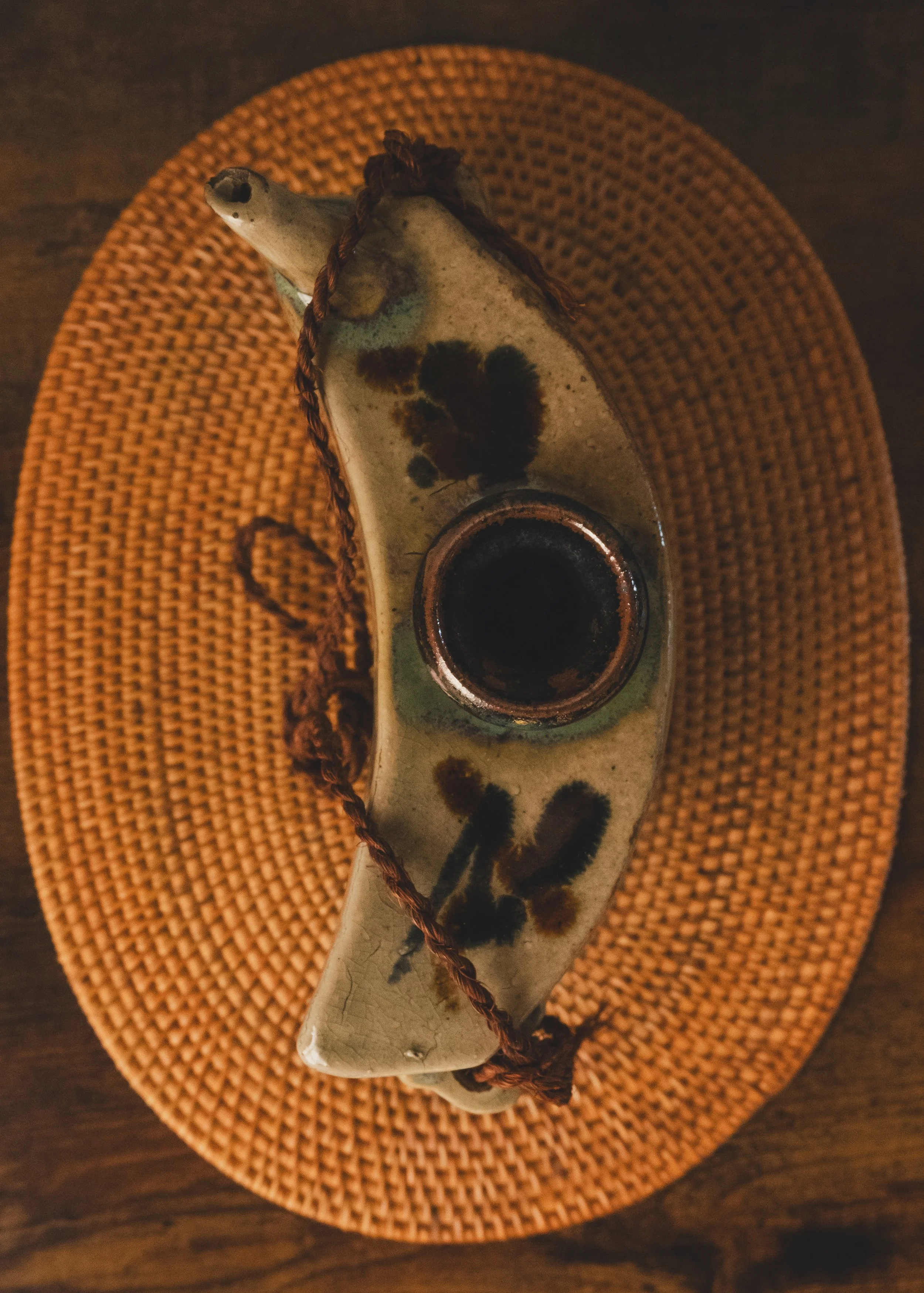 Top view of the spouts and mimi-loop handles of an anonymous Okinawan ceramic mastercraft piece.