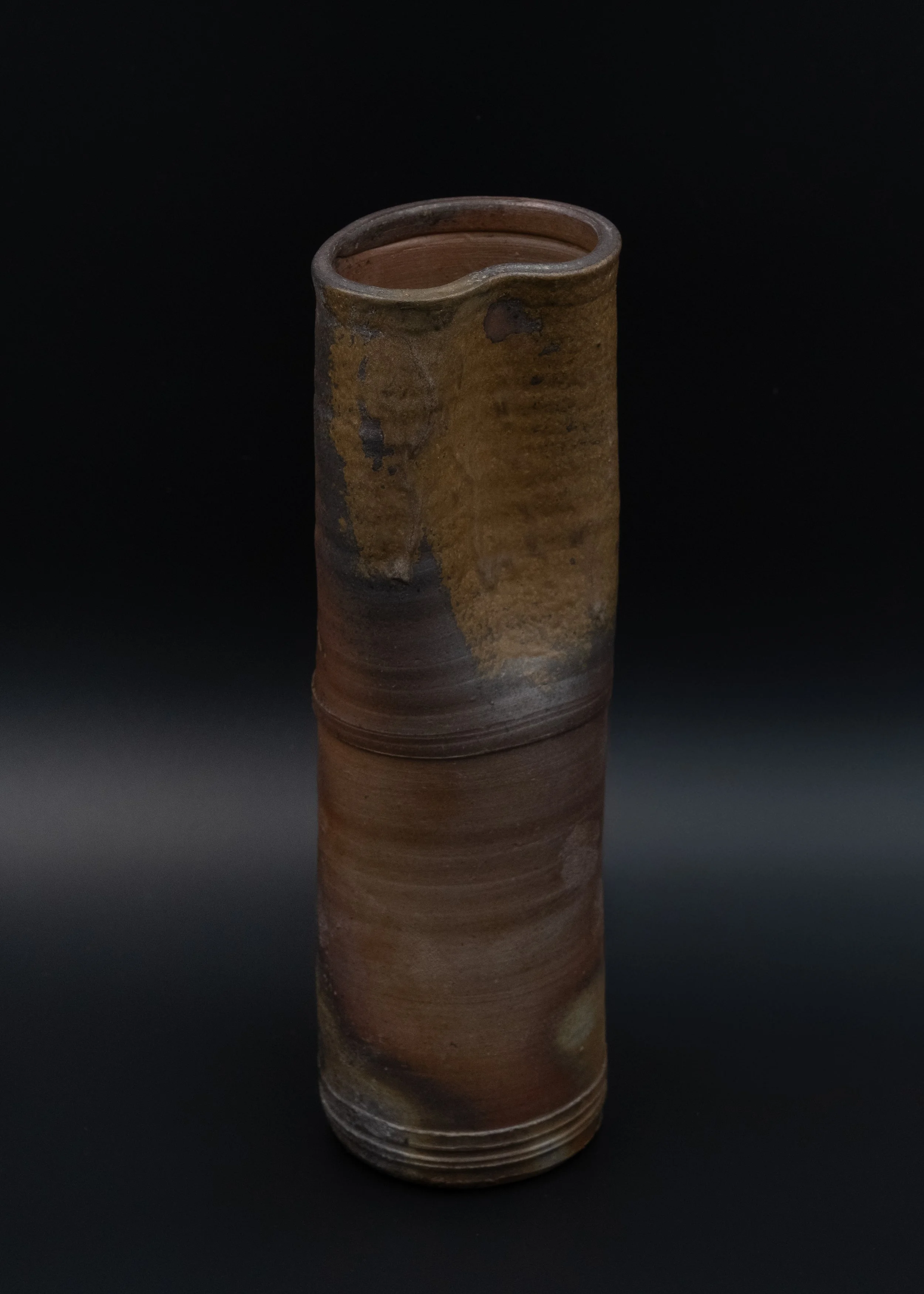 Museum-grade vintage Bizen ware Tsutsu (cylindrical) vase with dramatic natural ash glaze (Goma) and charcoal reduction marks (Sangiri).