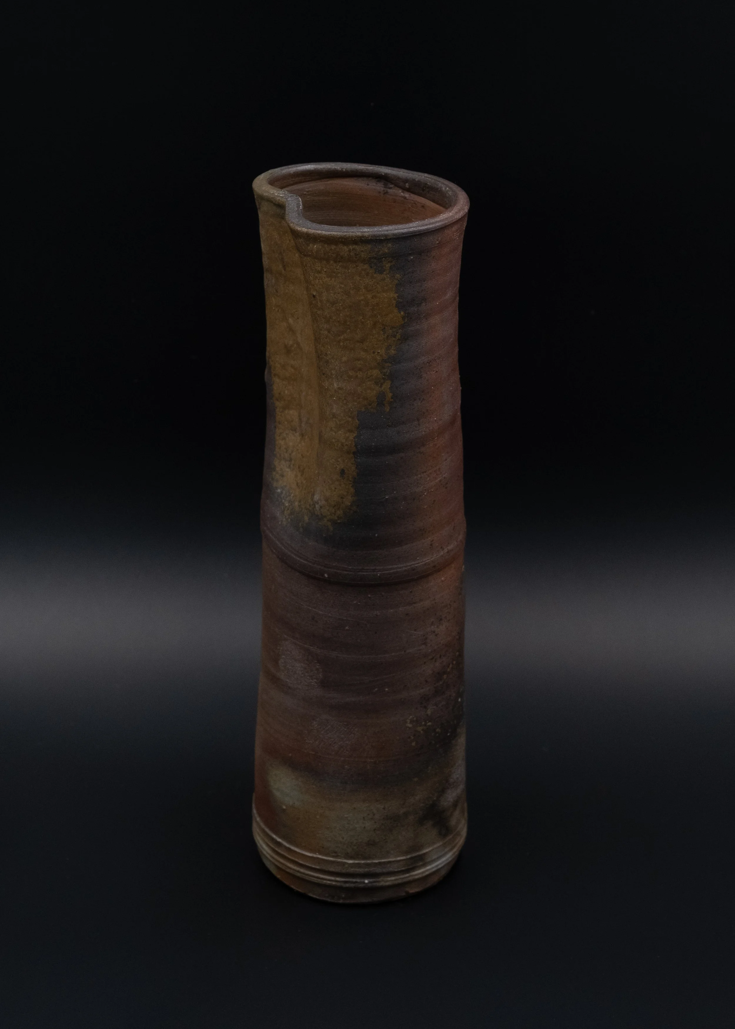 Museum-grade vintage Bizen ware Tsutsu (cylindrical) vase with dramatic natural ash glaze (Goma) and charcoal reduction marks (Sangiri).
