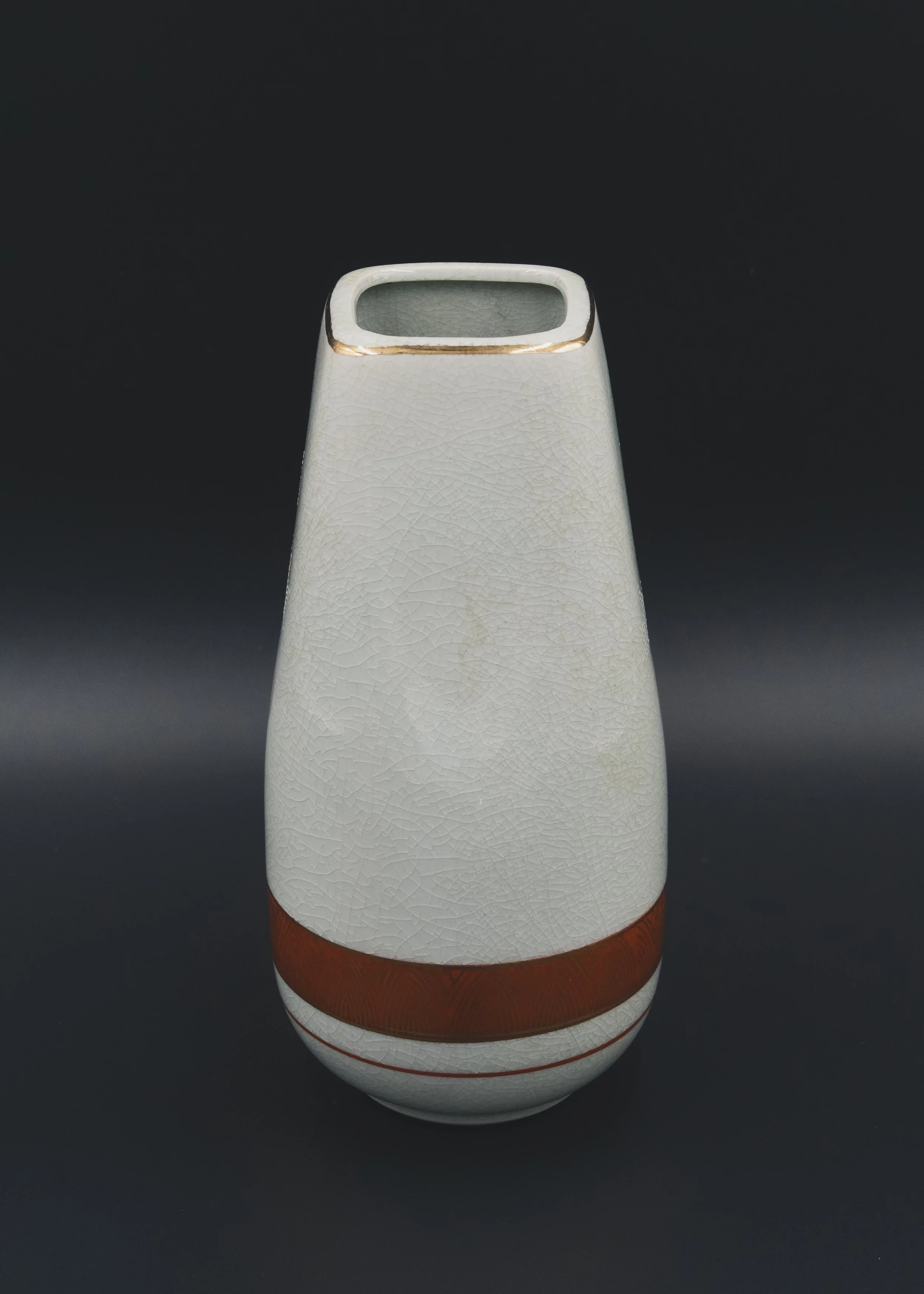 Exquisite vintage Japanese Kinrande ceramic flower vase with hand-painted gold waka poetry script and colorful floral patterns on white crackle glaze surface.