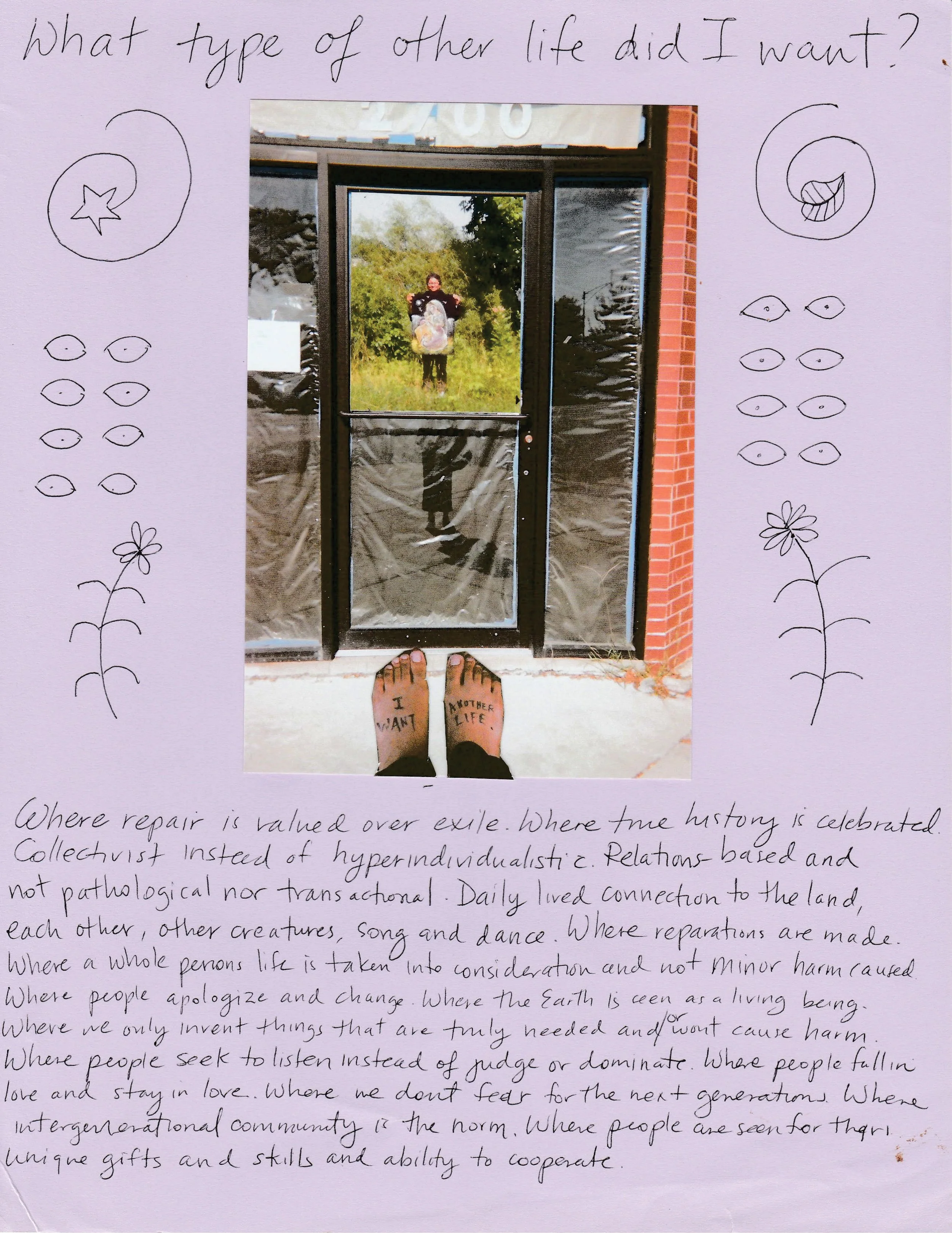 lavender page titled What Type of Other Life Did I want? Collage photograph below depicts two brown feet, left says I want, right says another life, below a shop door within which is another image of a smiling person against a park background.