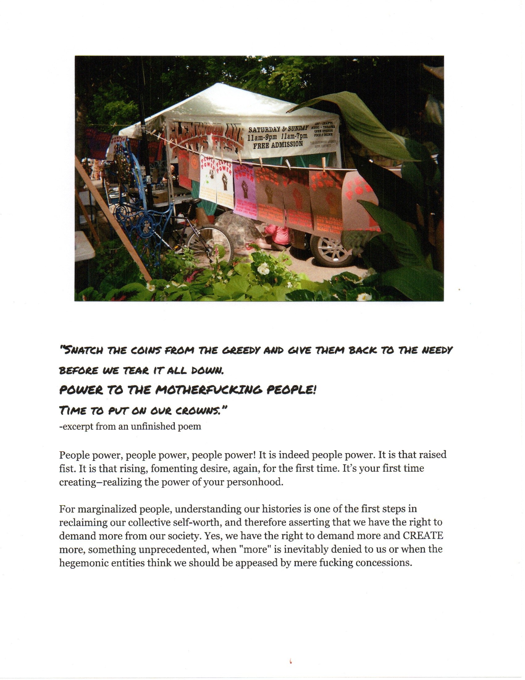 White page with photograph of a row of posters with a black fist in the air and the words "people power". Below is text that begins with "Snatch the coins from the greedy and give them back to the needy."