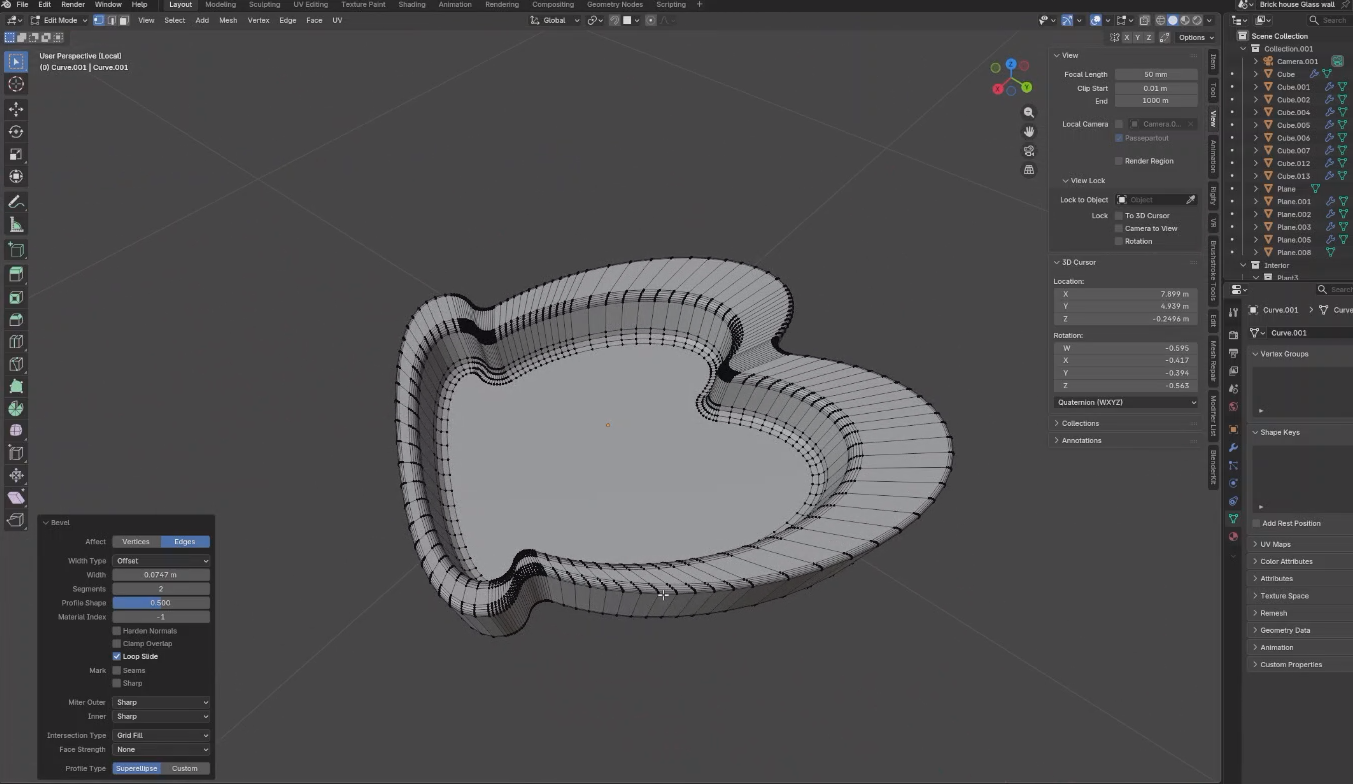 A 3D model of a heart-shaped cookie cutter in Blender software, showing the wireframe view of the object.