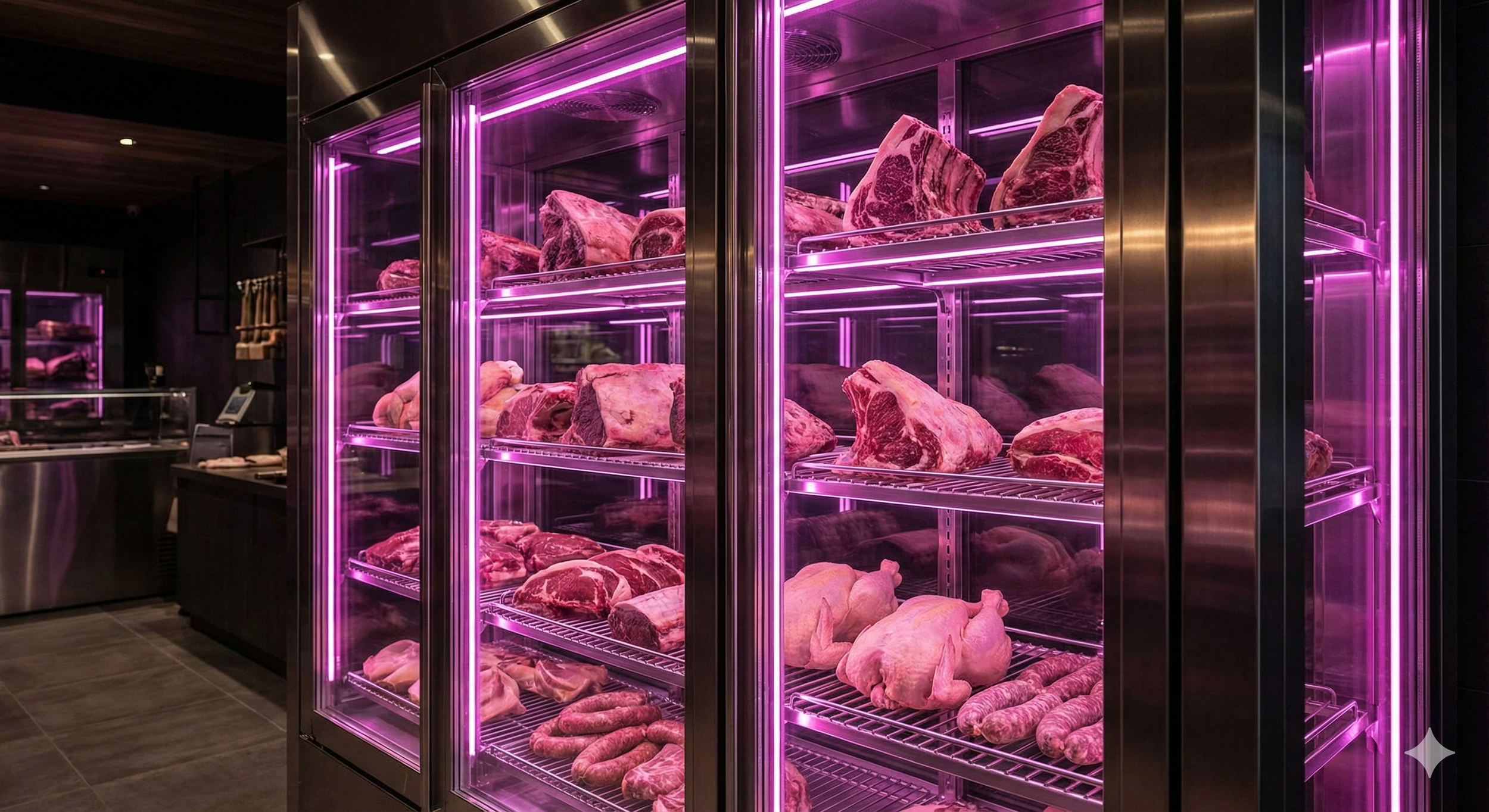 Meat cuts stored in a modern refrigeration unit with purple lighting in a butcher shop or meat storage facility.