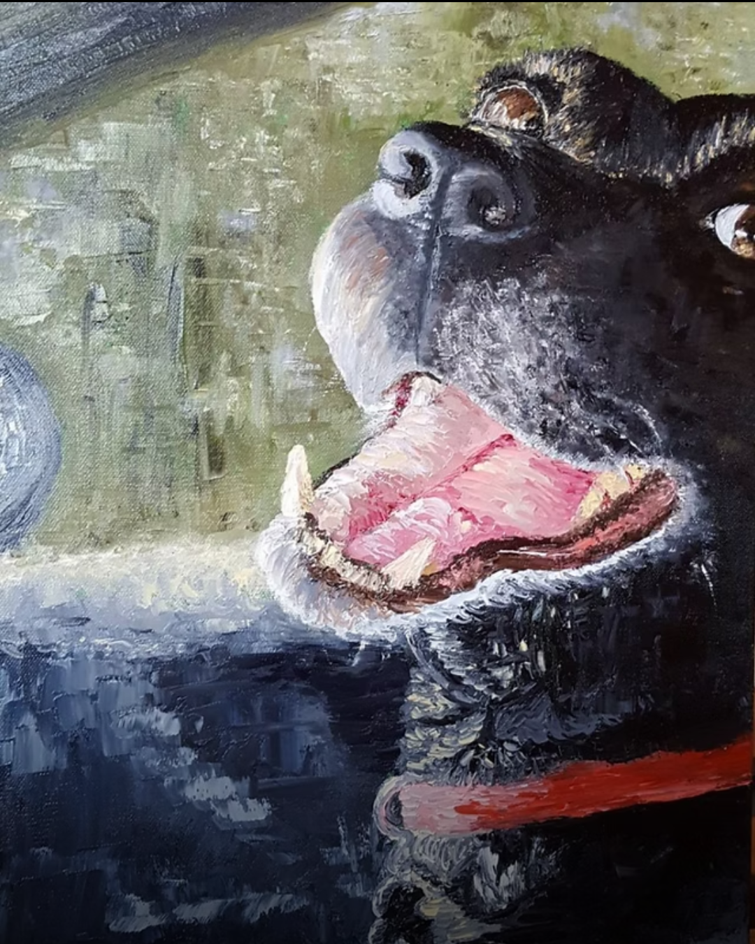 Close-up of a black dog with a pink tongue hanging out, inside a vehicle, with a blurred background of the road.
